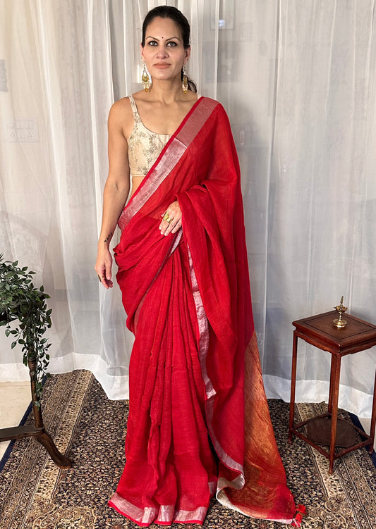 Red Pure Linen Sari with Silver and Gold Border and Gold Zari Pallu