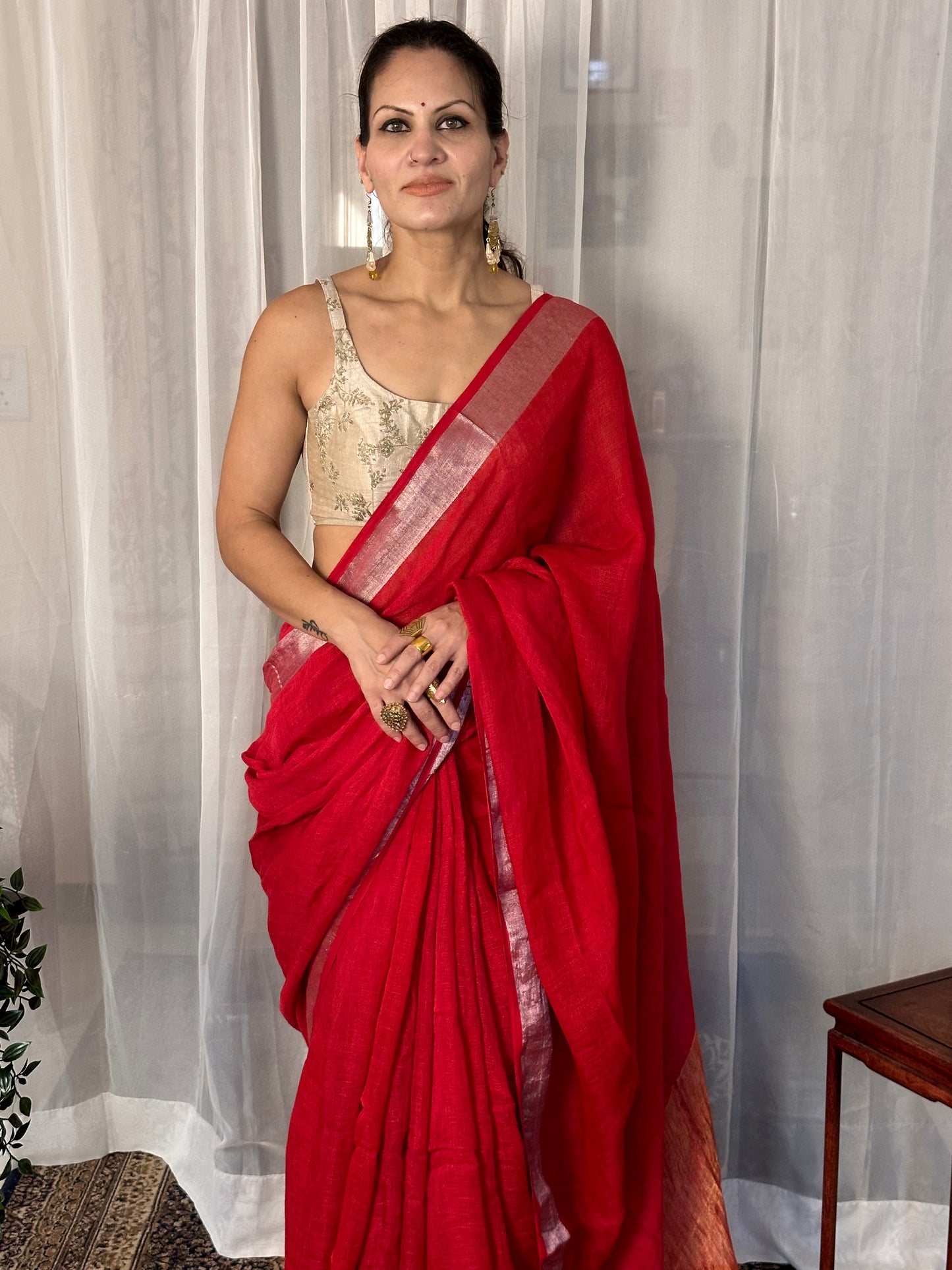 Red Pure Linen Sari with Silver and Gold Border and Gold Zari Pallu