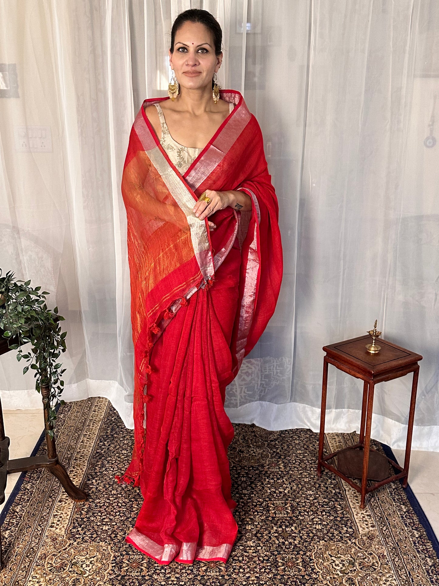 Red Pure Linen Sari with Silver and Gold Border and Gold Zari Pallu