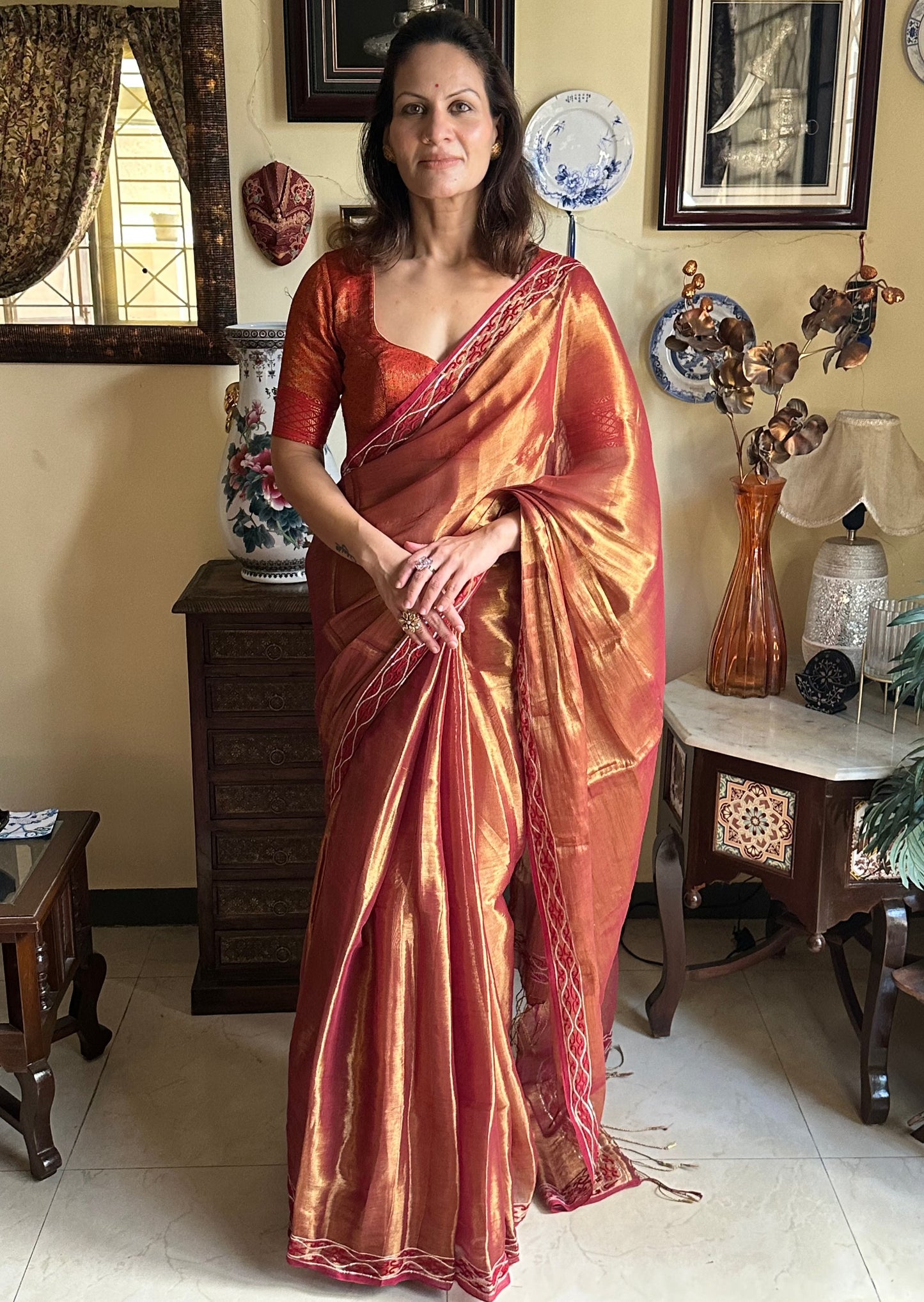 Copper Pure Mul Mul Handwoven Tissue Cotton Sari with Hand Embroidered Border - Raahini