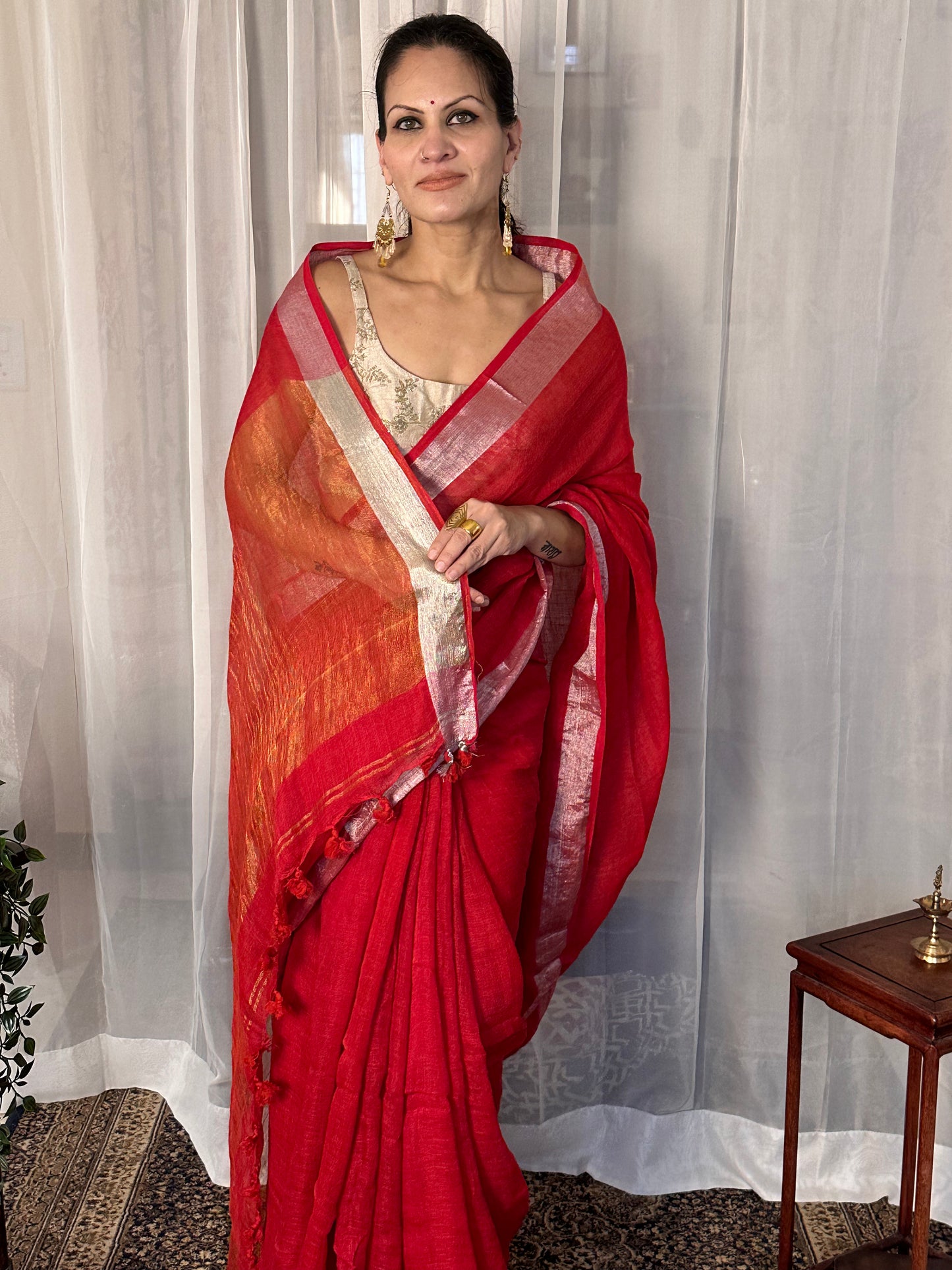 Red Pure Linen Sari with Silver and Gold Border and Gold Zari Pallu