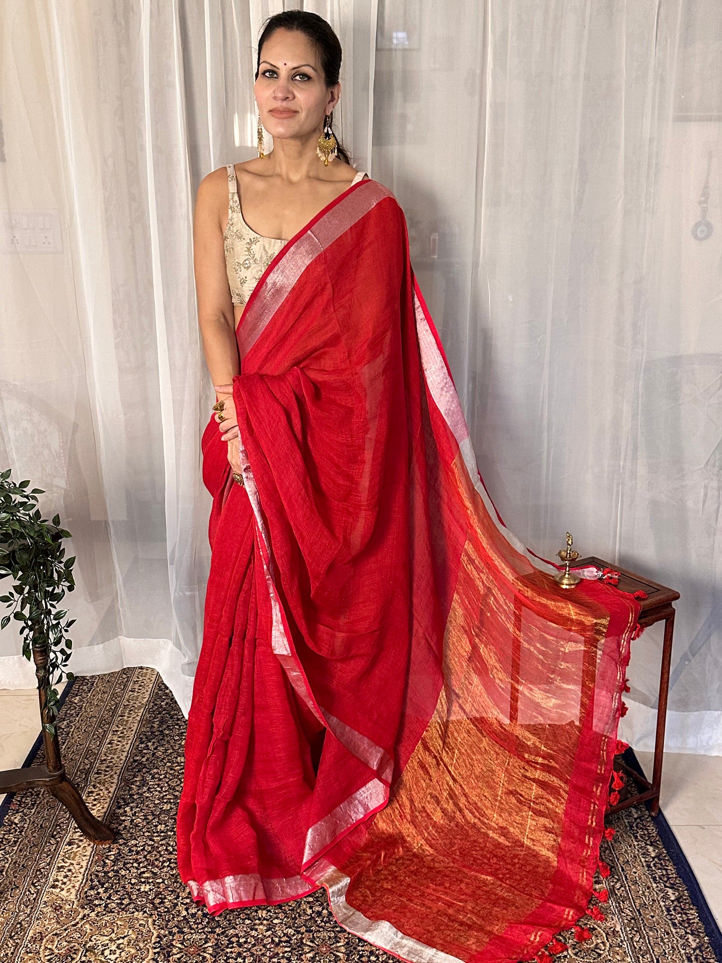 Red Pure Linen Sari with Silver and Gold Border and Gold Zari Pallu