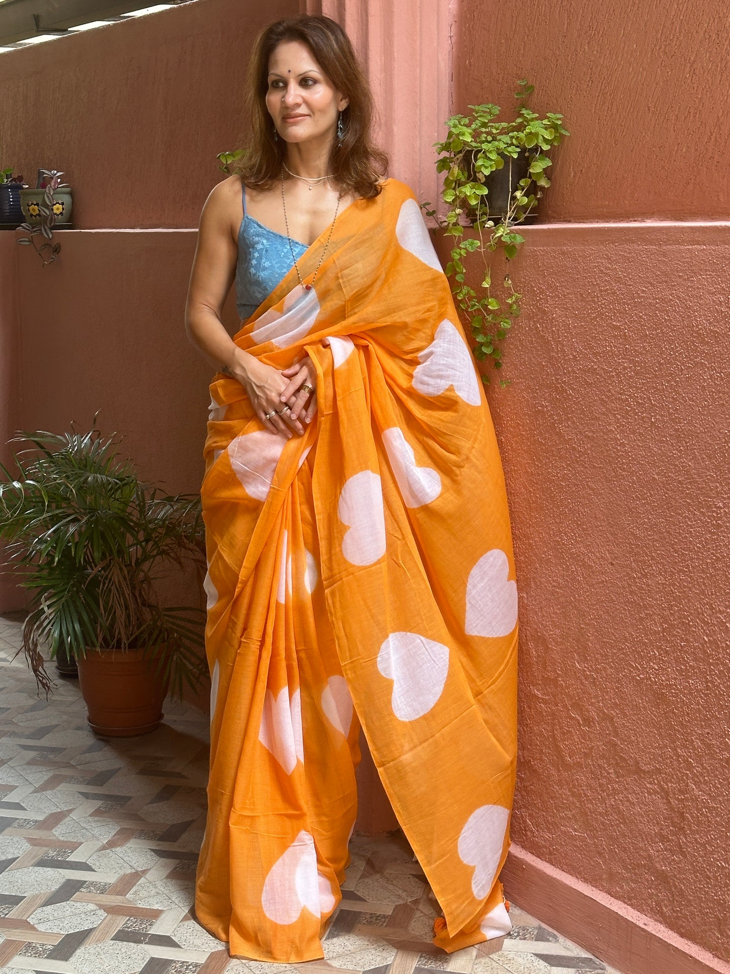 Orange Pure Mul Mul Cotton with White Hearts