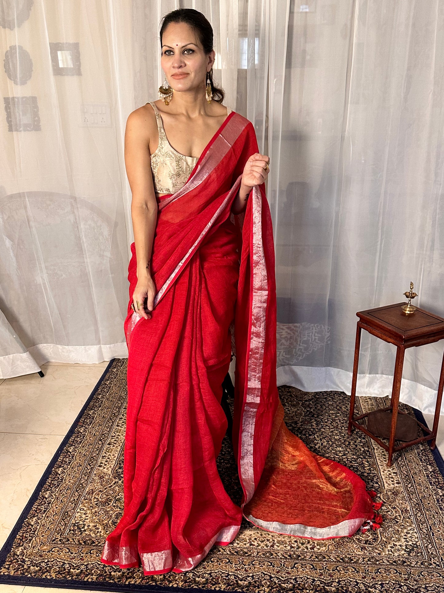 Red Pure Linen Sari with Silver and Gold Border and Gold Zari Pallu