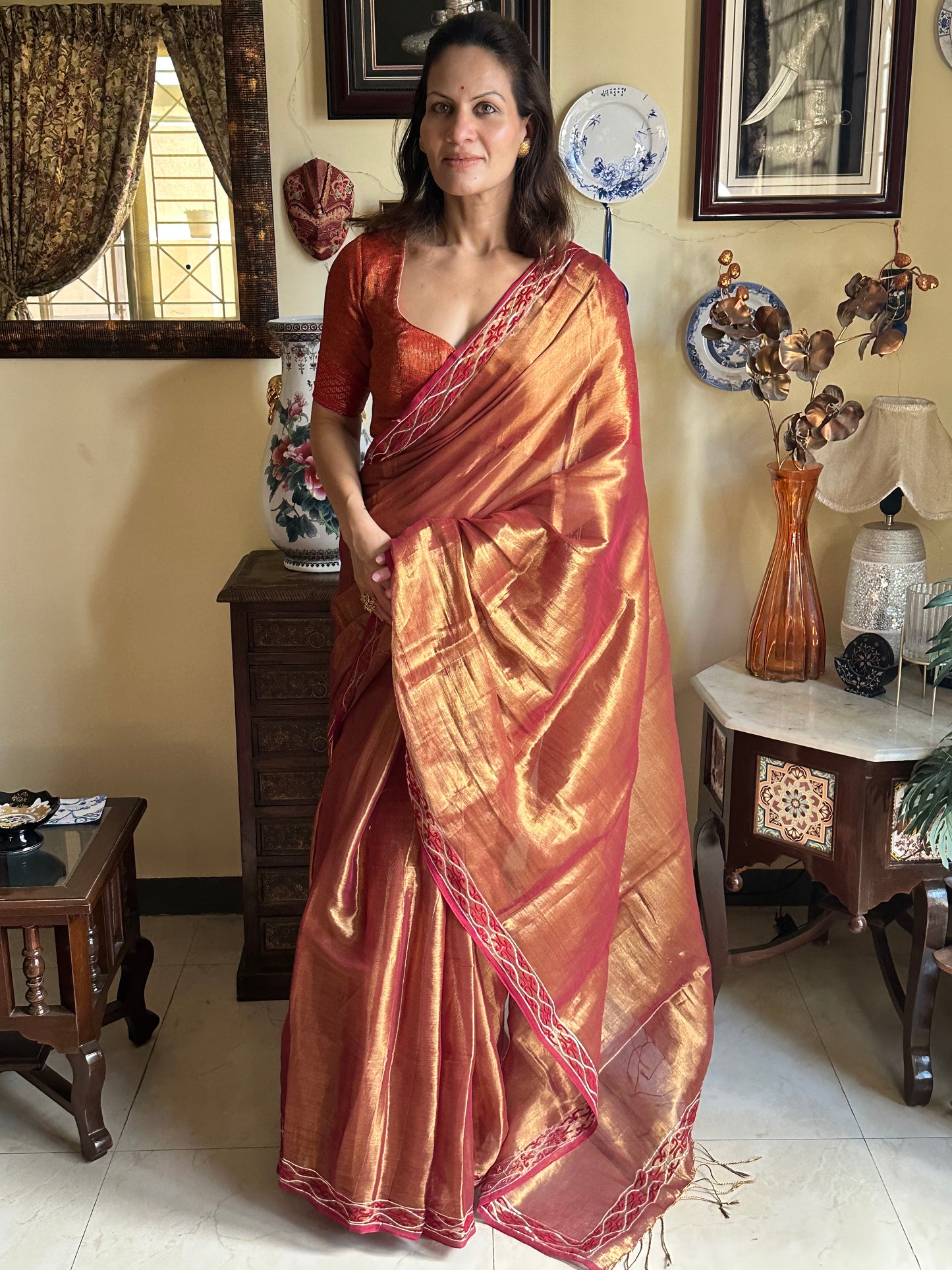 Copper Pure Mul Mul Handwoven Tissue Cotton Sari with Hand Embroidered Border - Raahini