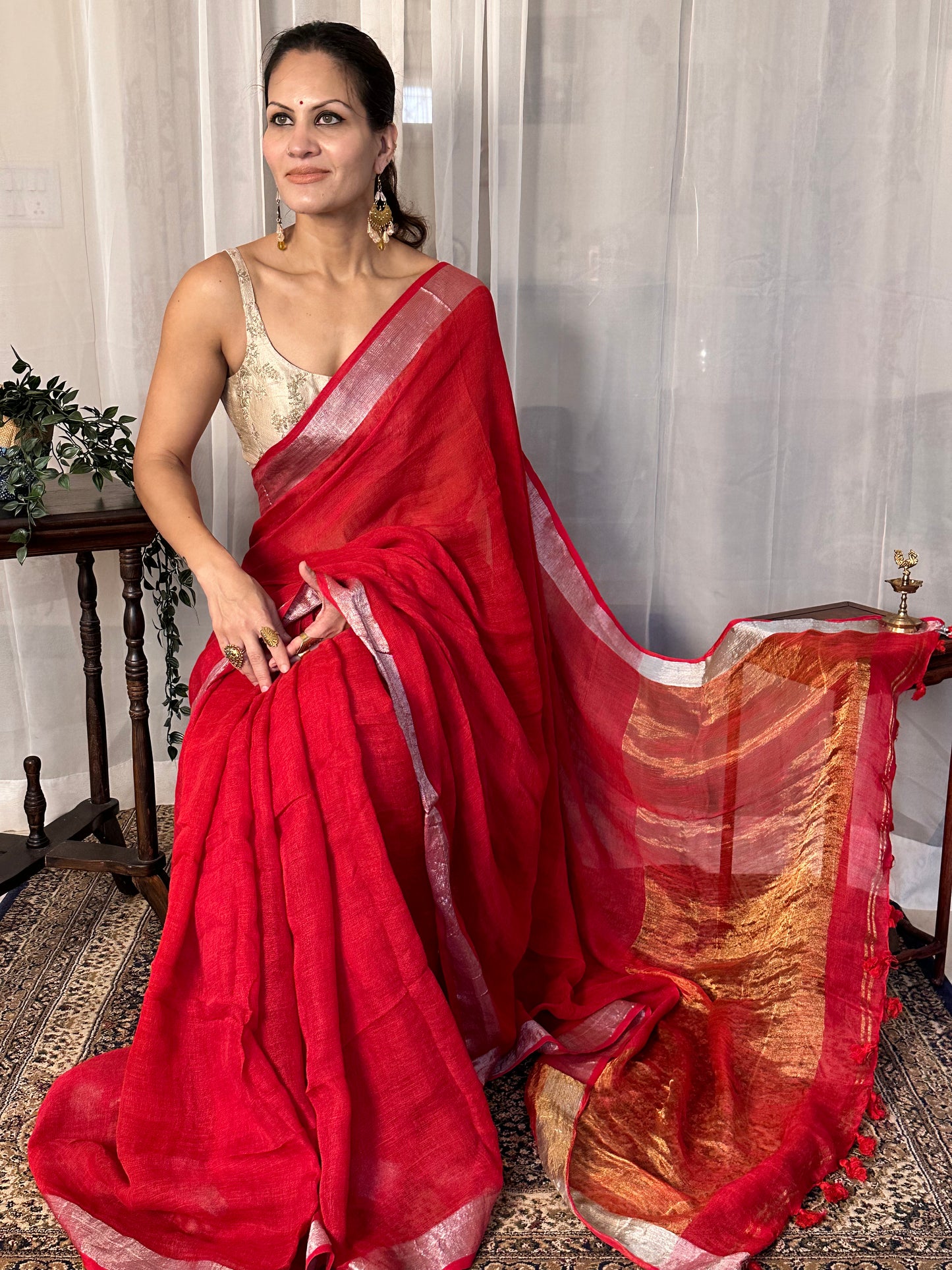 Red Pure Linen Sari with Silver and Gold Border and Gold Zari Pallu