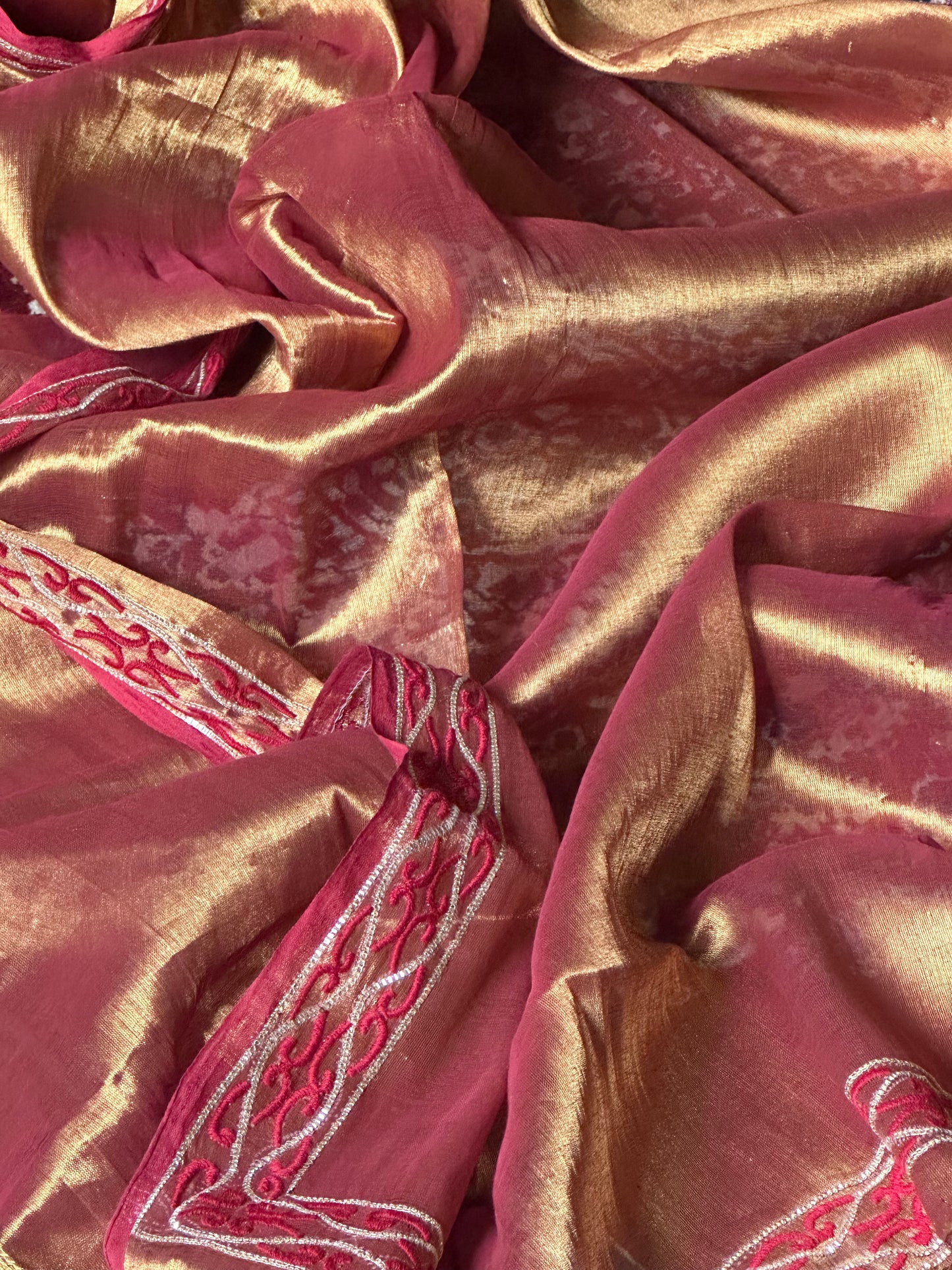 Copper Pure Mul Mul Handwoven Tissue Cotton Sari with Hand Embroidered Border - Raahini