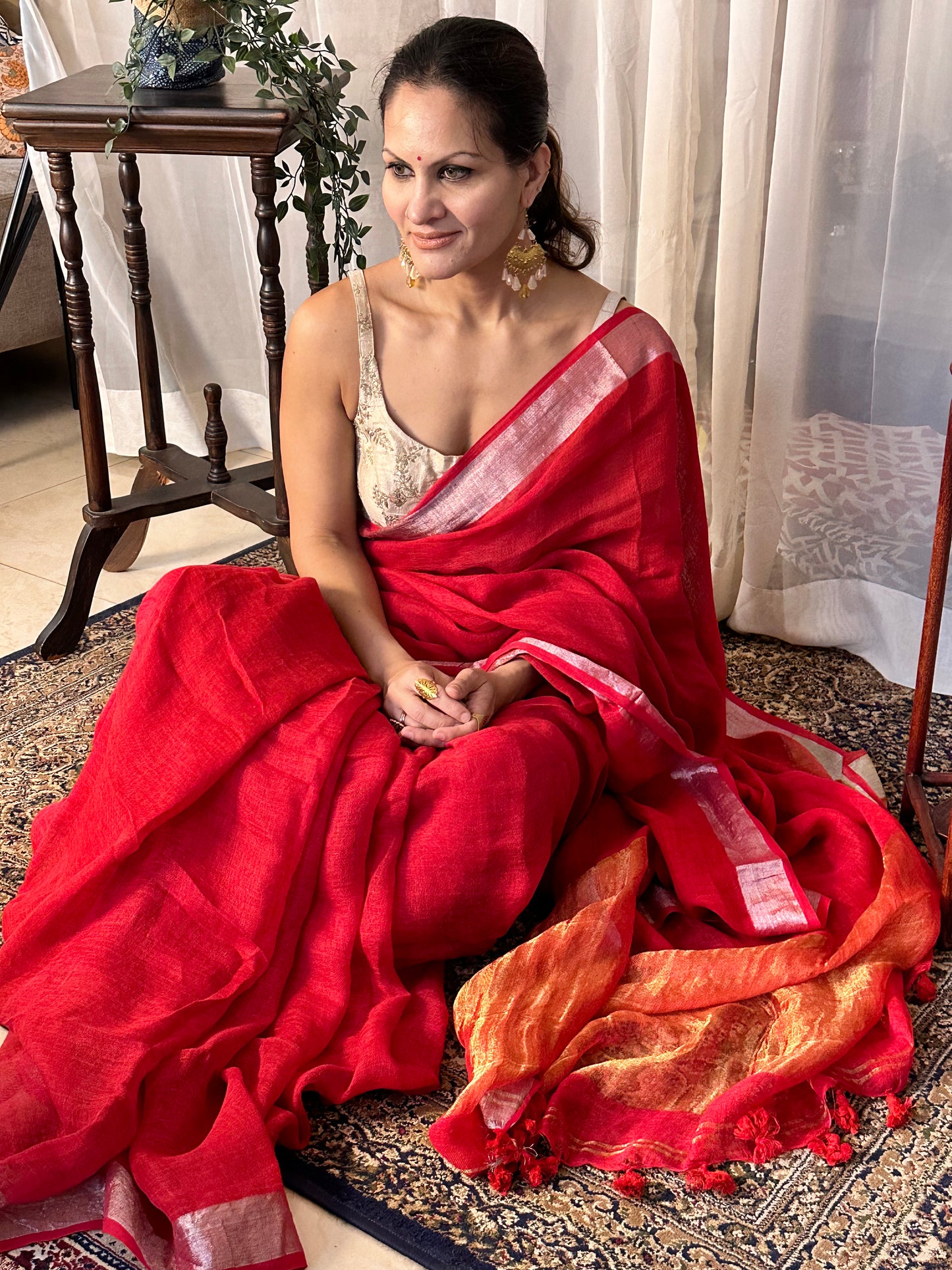 Red Pure Linen Sari with Silver and Gold Border and Gold Zari Pallu