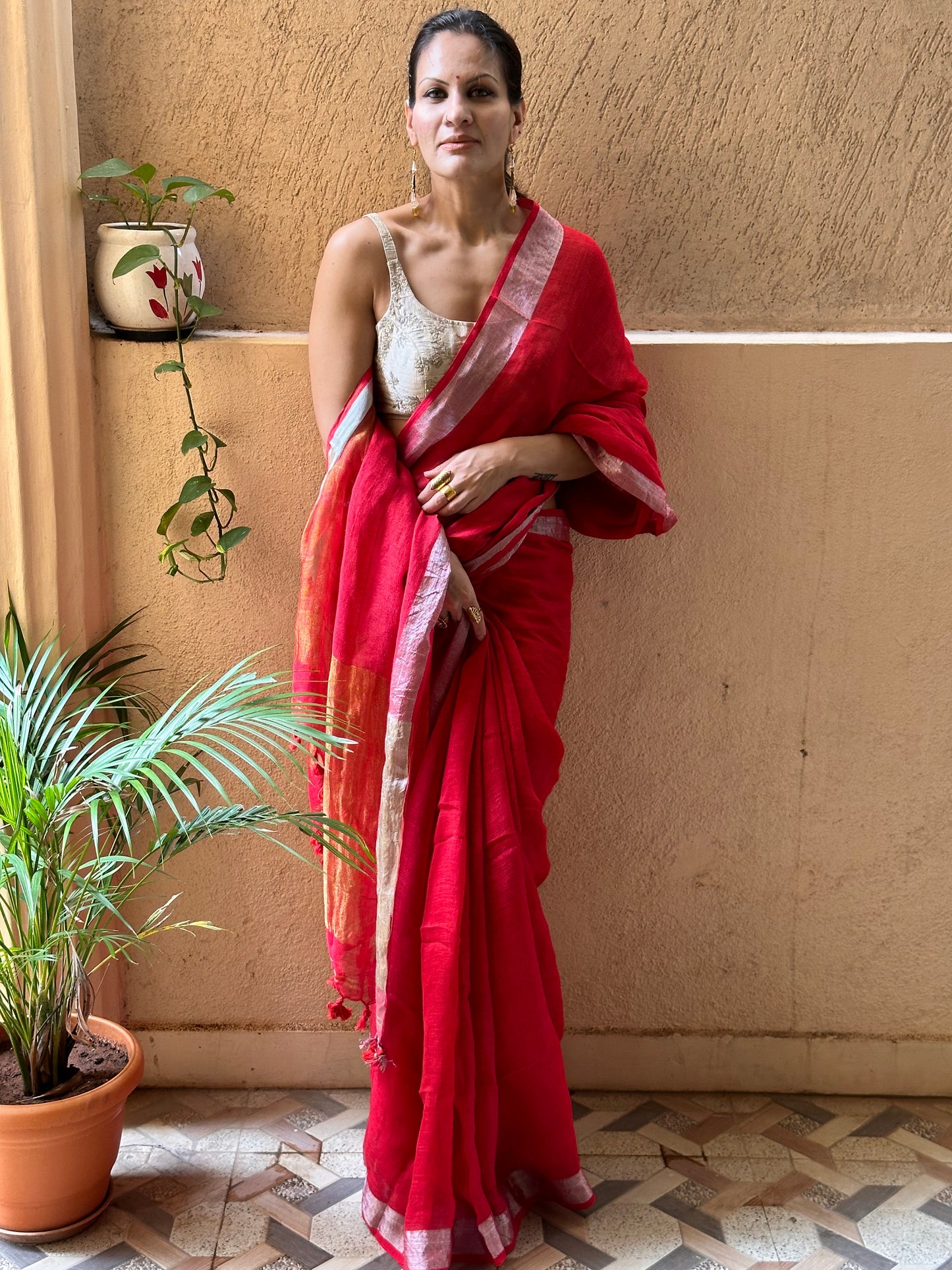 Red Pure Linen Sari with Silver and Gold Border and Gold Zari Pallu