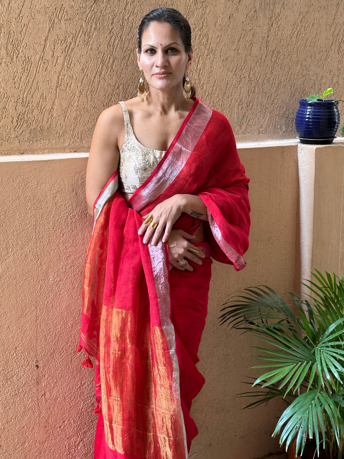 Red Pure Linen Sari with Silver and Gold Border and Gold Zari Pallu