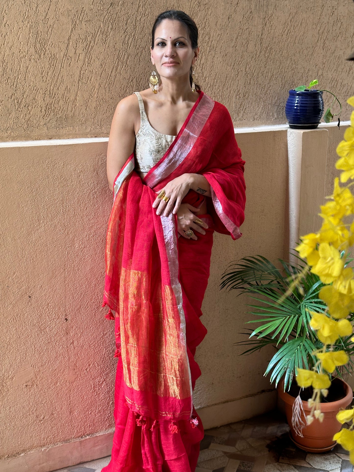 Red Pure Linen Sari with Silver and Gold Border and Gold Zari Pallu