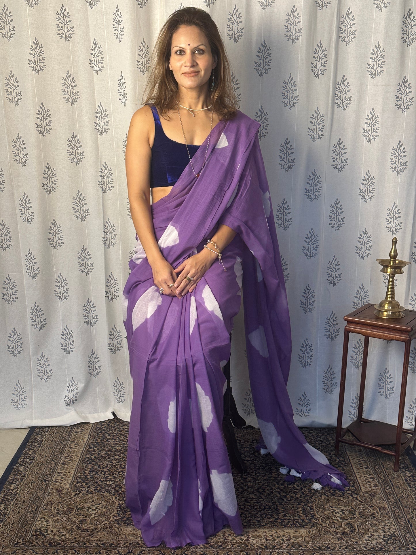 Purple Pure Mul Mul Cotton Sari with Leaf Pattern