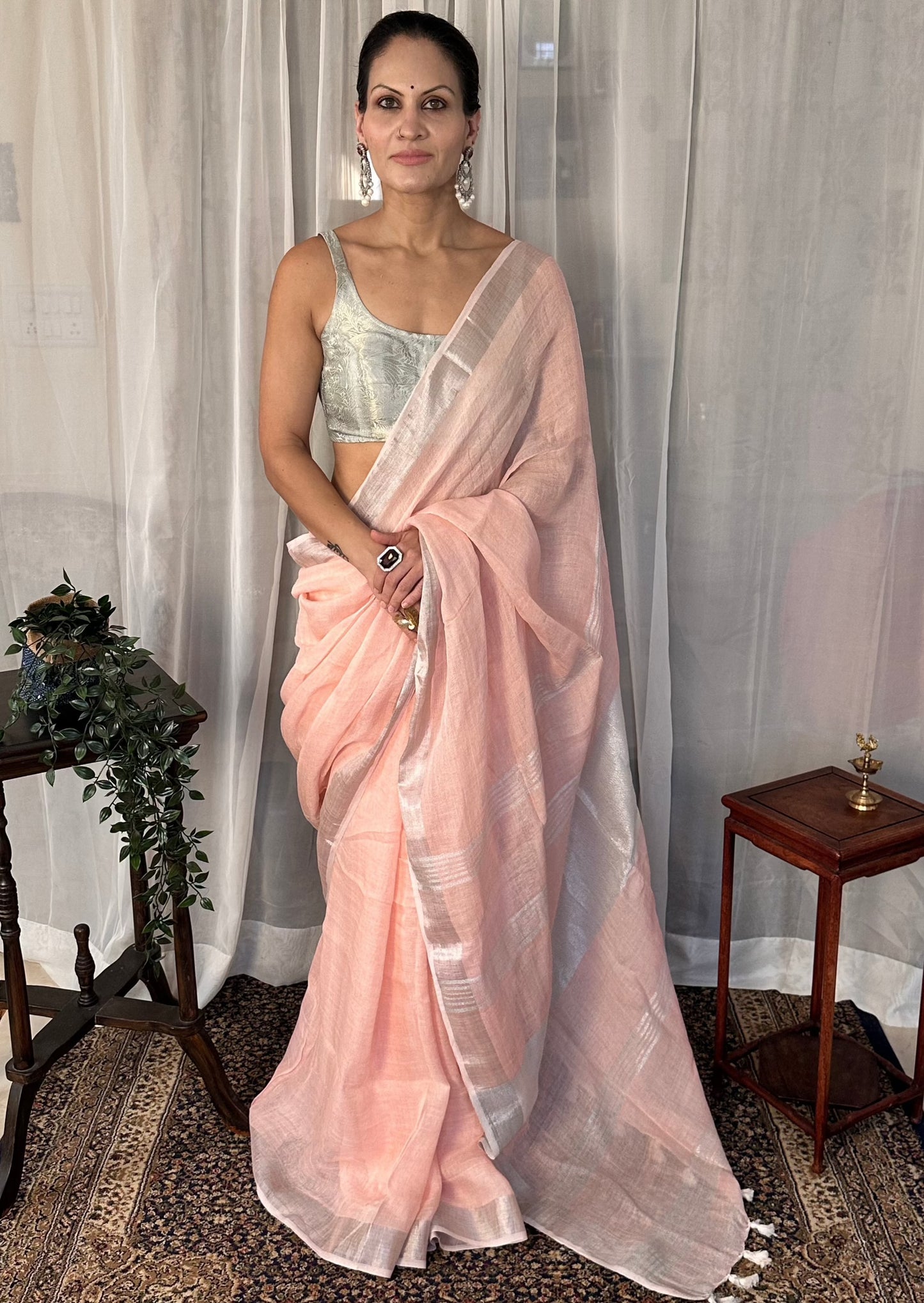 Peach Pure Linen Sari with Silver Zari Border and Zari Pallu