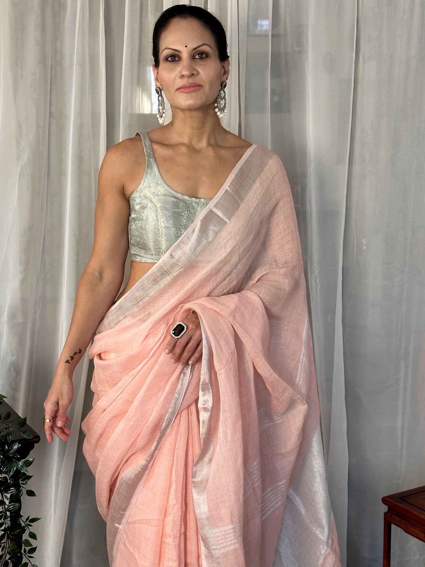 Peach Pure Linen Sari with Silver Zari Border and Zari Pallu