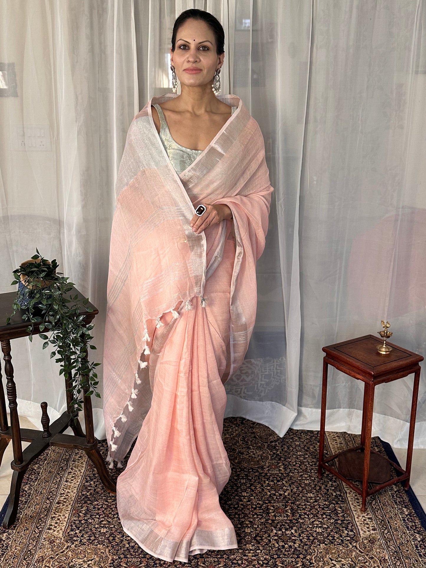 Peach Pure Linen Sari with Silver Zari Border and Zari Pallu