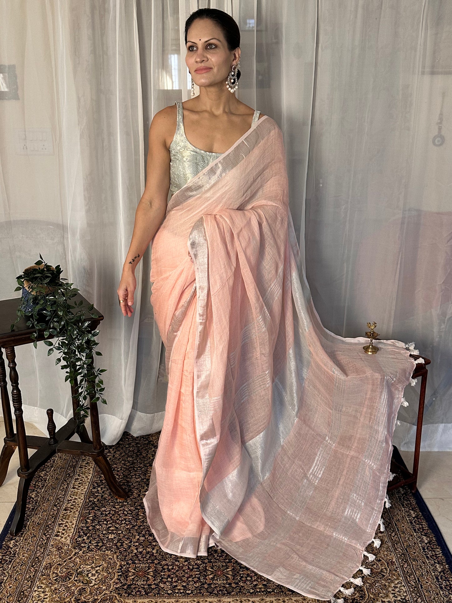 Peach Pure Linen Sari with Silver Zari Border and Zari Pallu