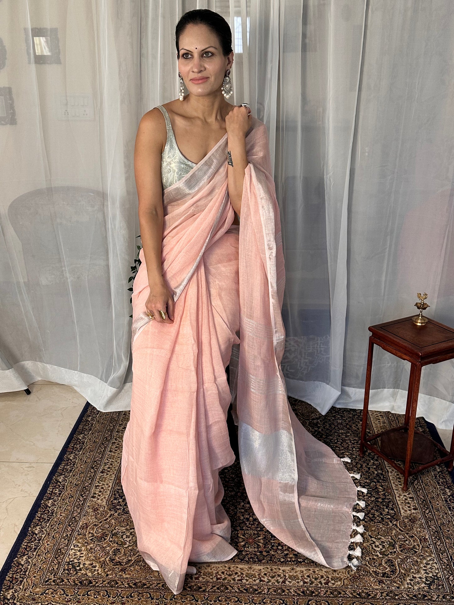 Peach Pure Linen Sari with Silver Zari Border and Zari Pallu