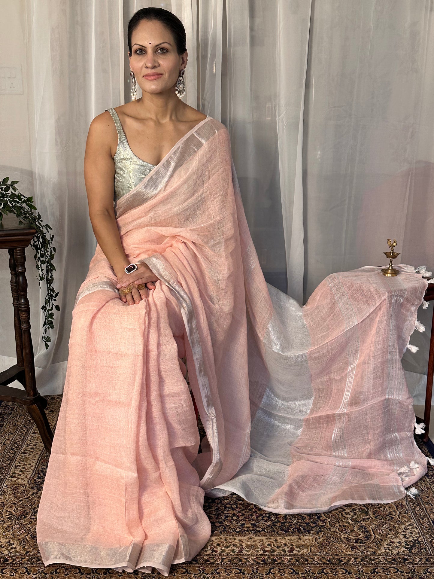 Peach Pure Linen Sari with Silver Zari Border and Zari Pallu