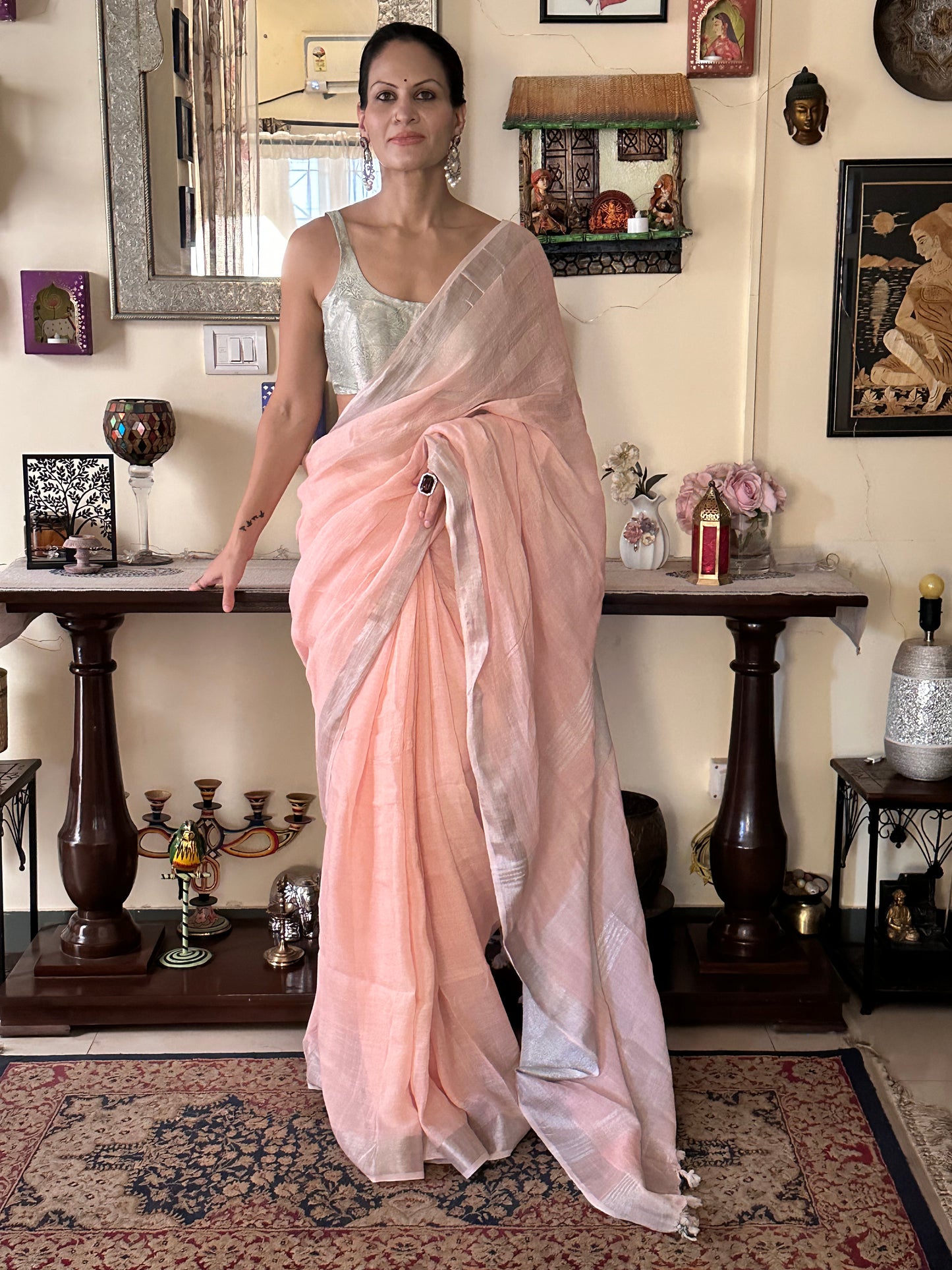 Peach Pure Linen Sari with Silver Zari Border and Zari Pallu