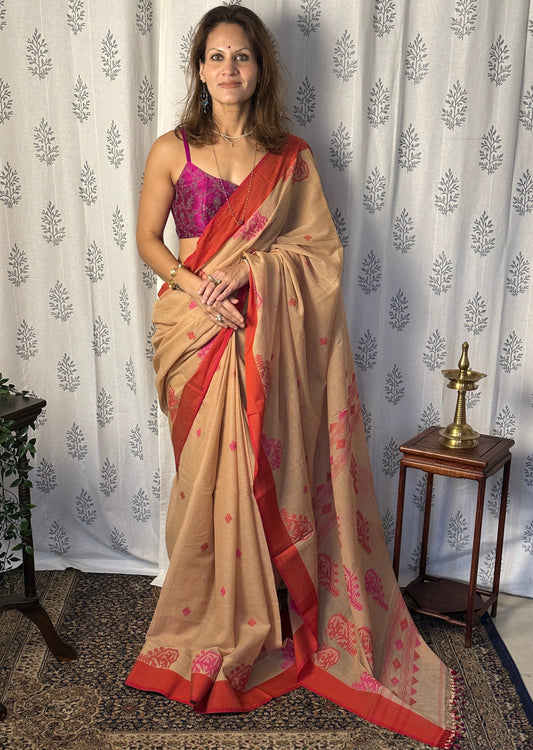 Cream Hand Spun Pure Fine Cotton Jamdani Sari with Red Border