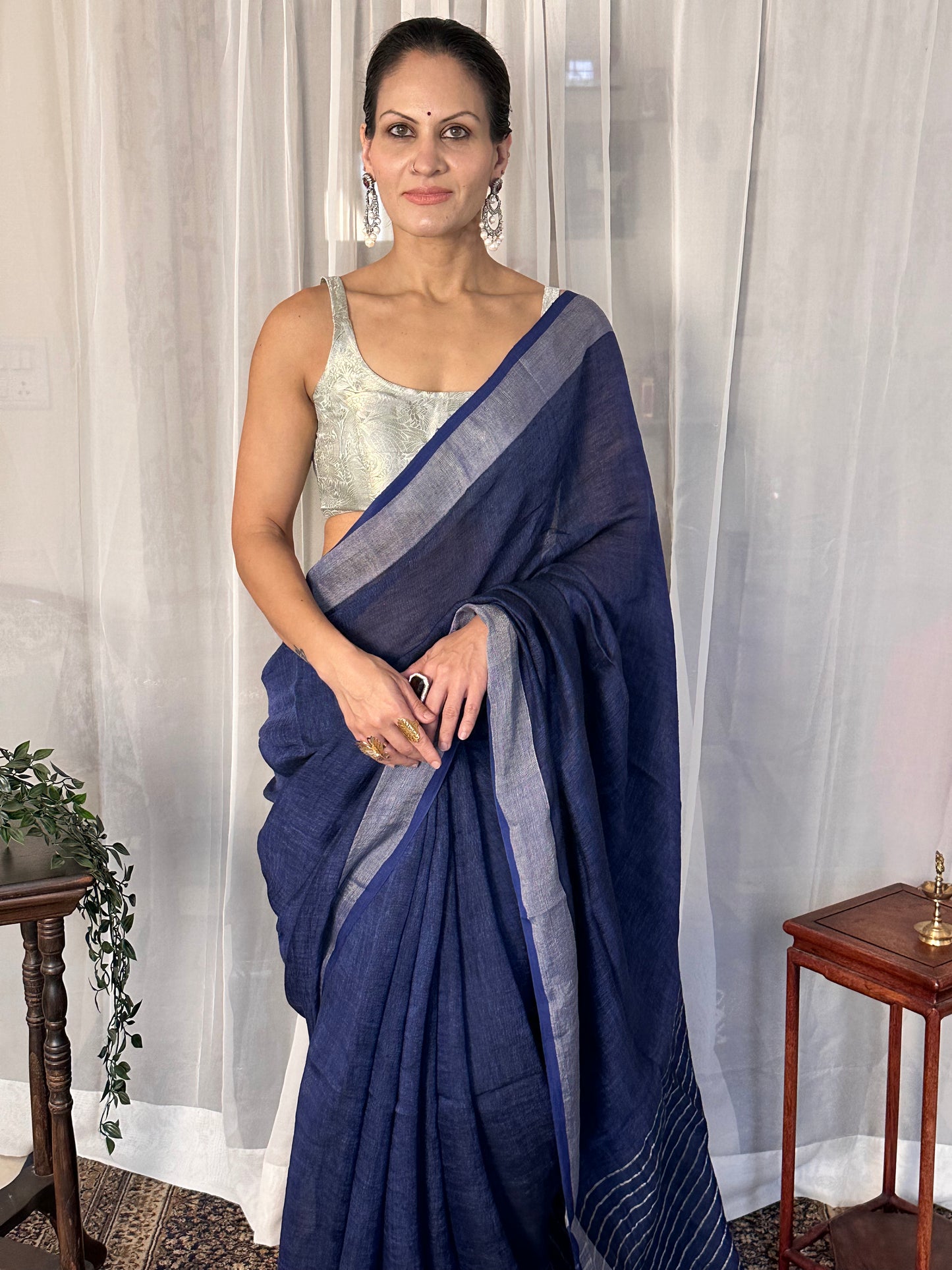 Blue Pure Linen Sari with Silver Border and Silver Zari Striped Pallu