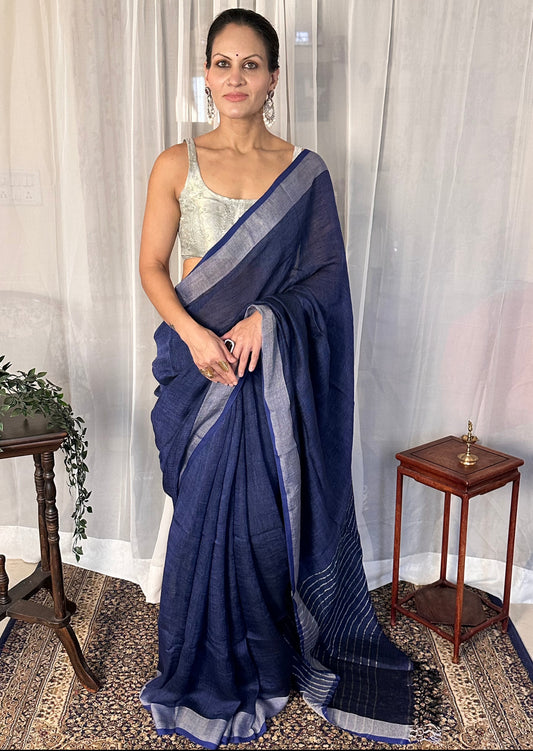 Blue Pure Linen Sari with Silver Border and Silver Zari Striped Pallu