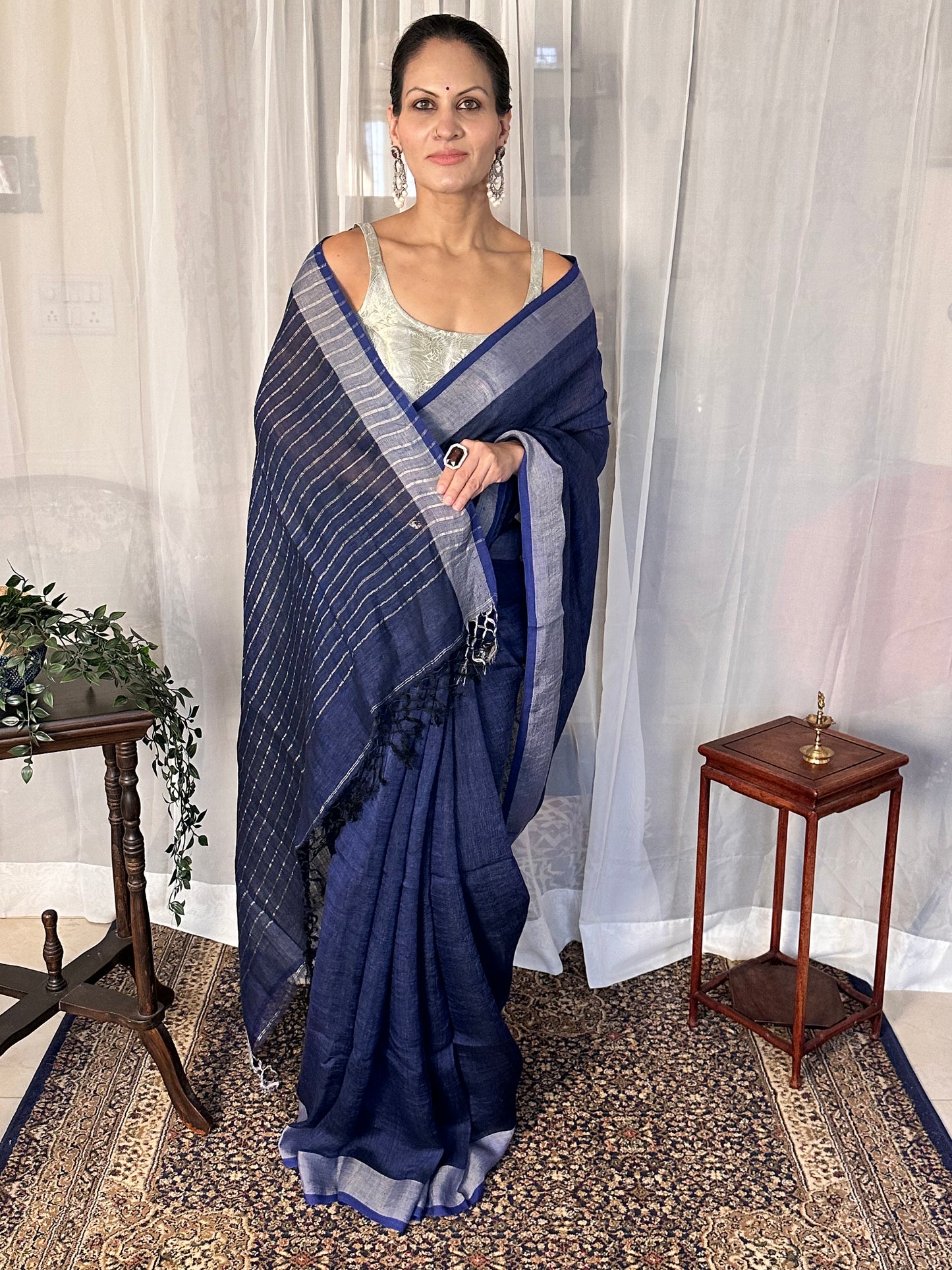 Blue Pure Linen Sari with Silver Border and Silver Zari Striped Pallu