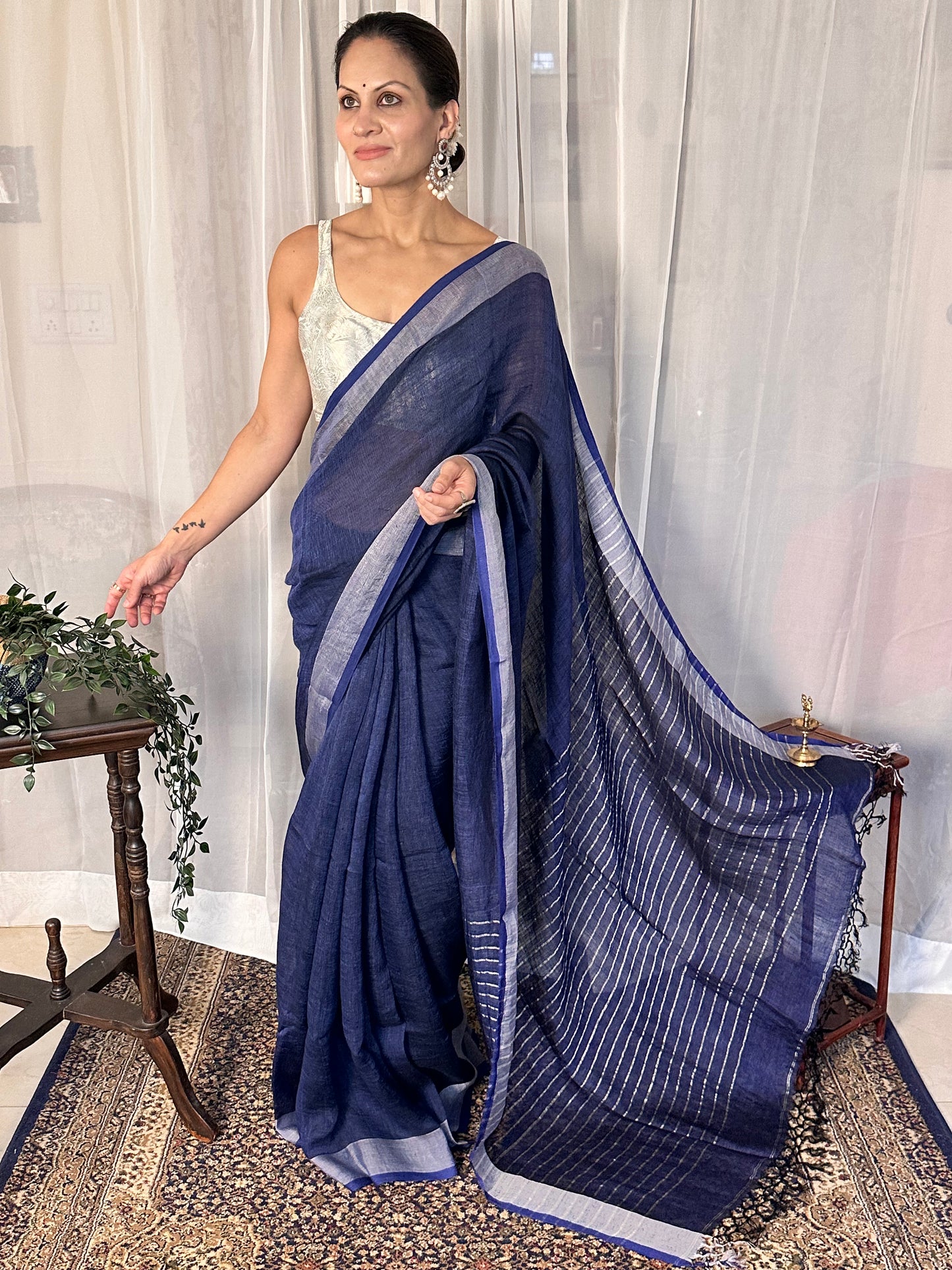 Blue Pure Linen Sari with Silver Border and Silver Zari Striped Pallu