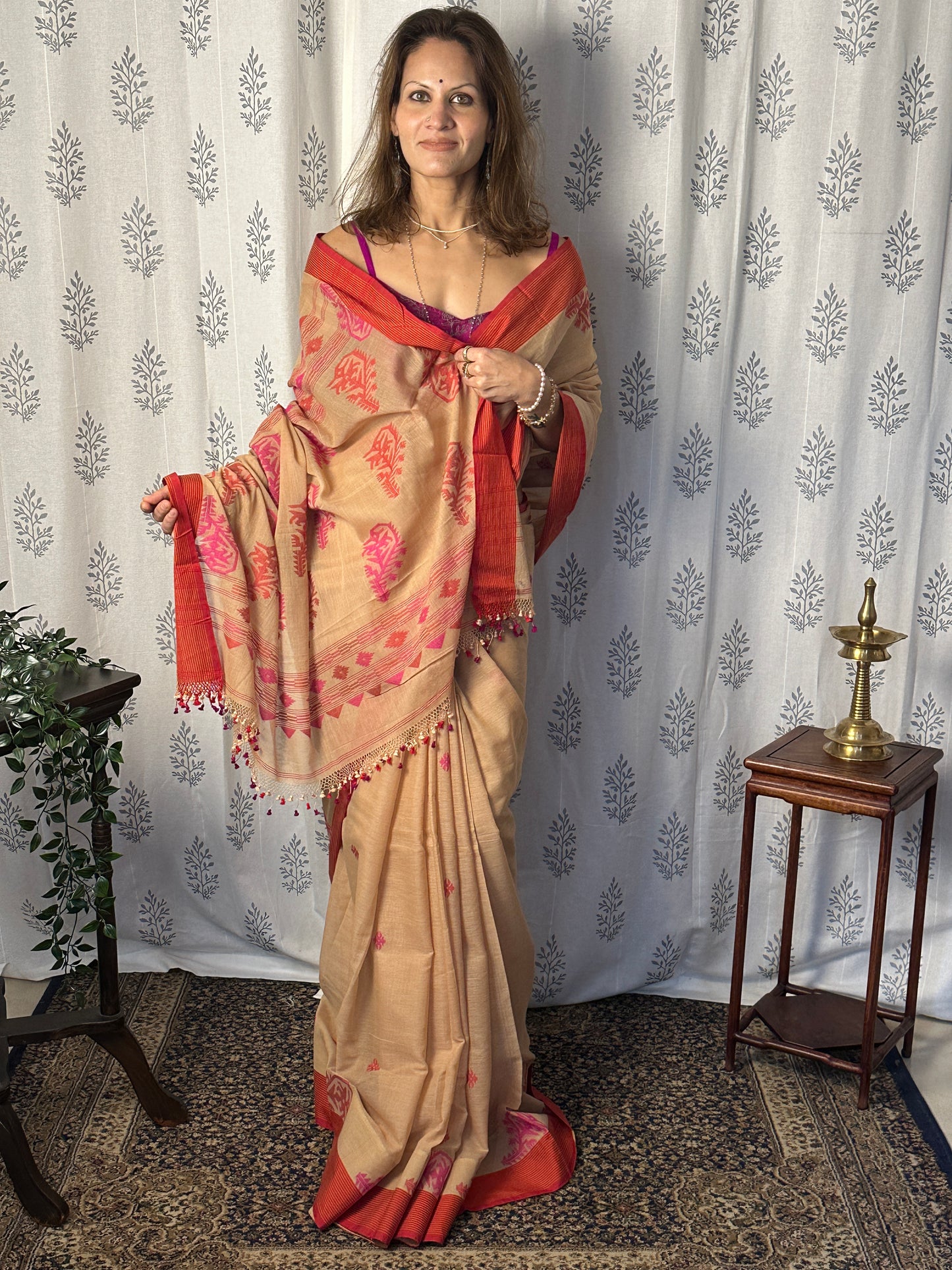 Cream Hand Spun Pure Fine Cotton Jamdani Sari with Red Border