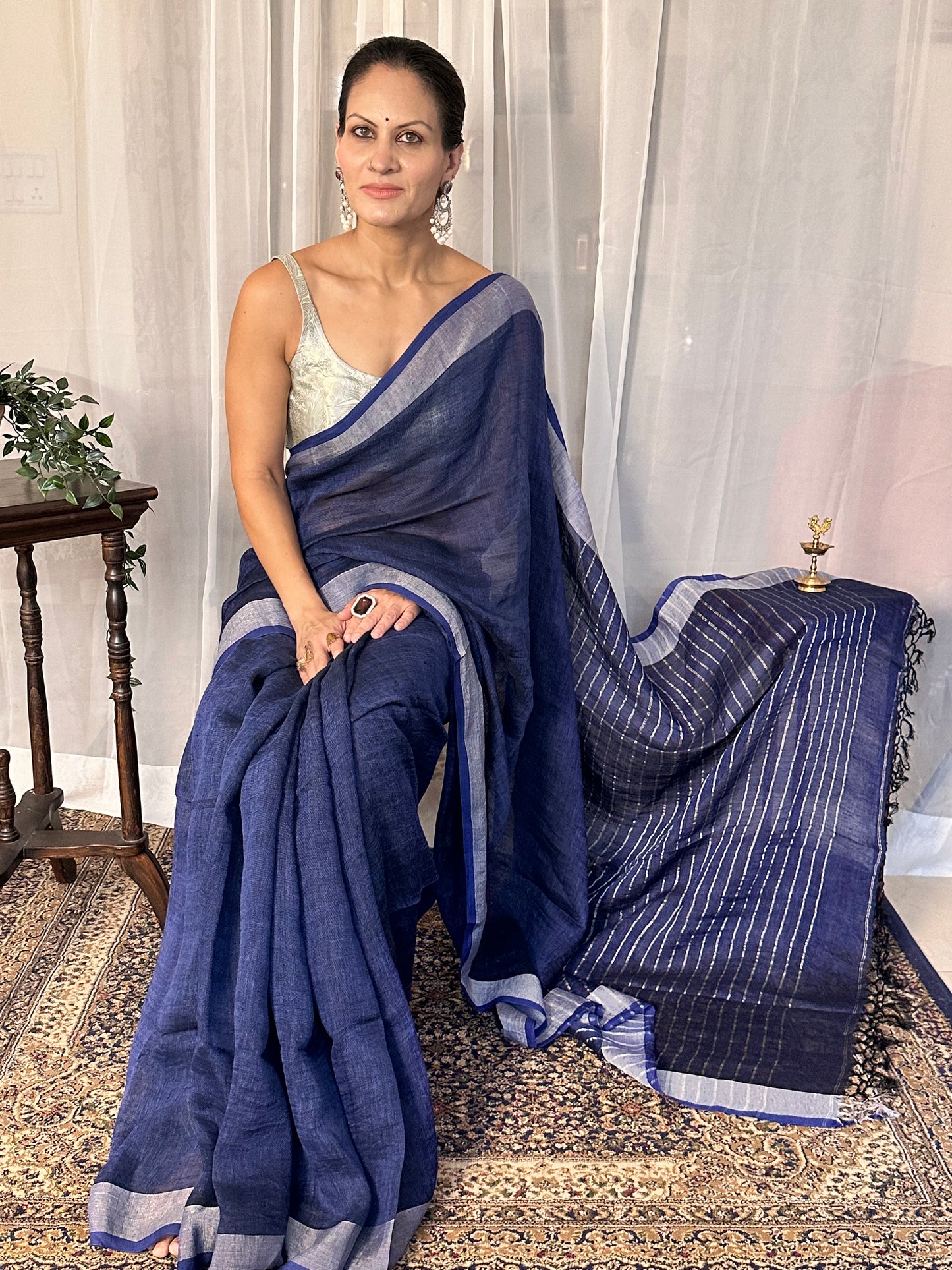 Blue Pure Linen Sari with Silver Border and Silver Zari Striped Pallu