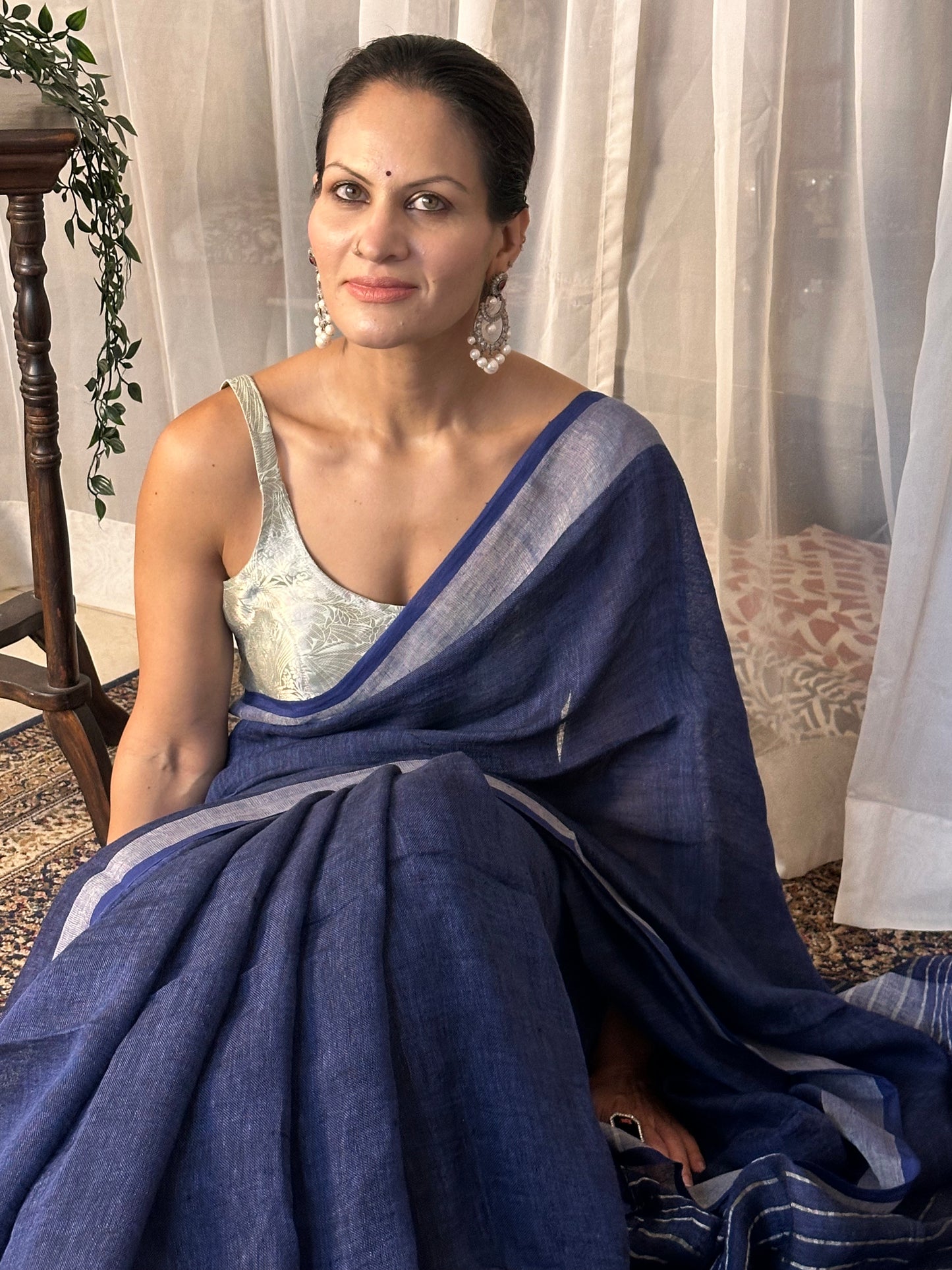 Blue Pure Linen Sari with Silver Border and Silver Zari Striped Pallu