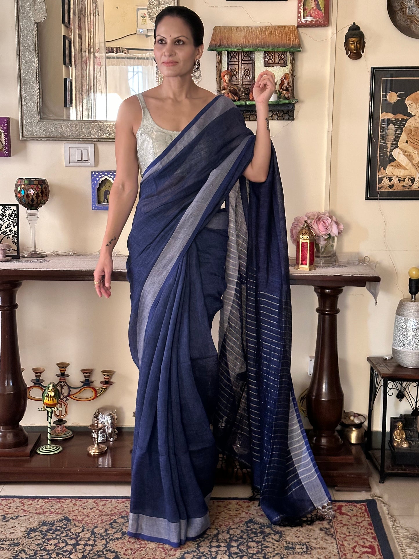 Blue Pure Linen Sari with Silver Border and Silver Zari Striped Pallu