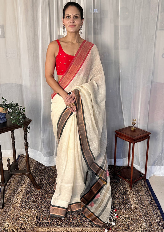 Cream Pure Linen Sari with Red & Black Border