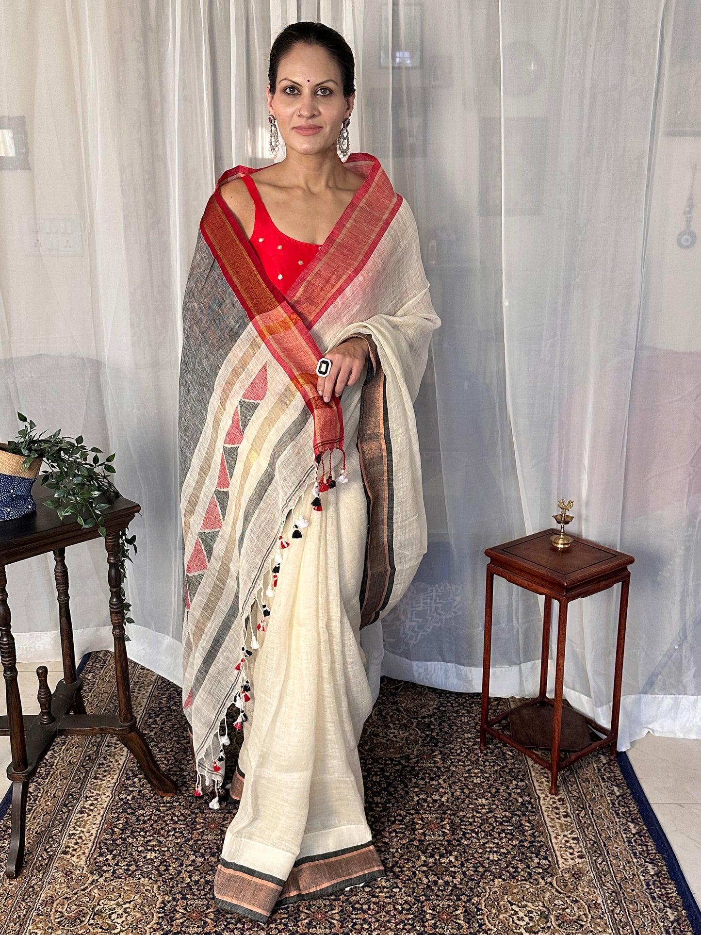 Cream Pure Linen Sari with Red & Black Border