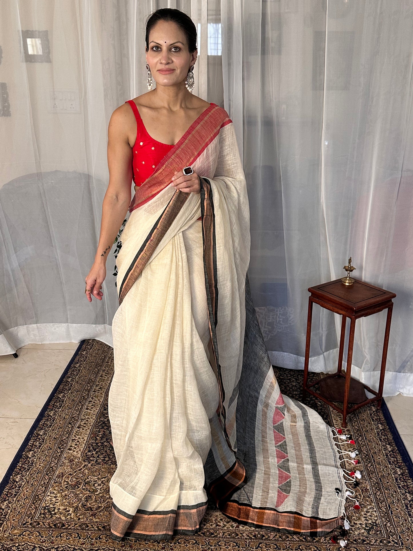 Cream Pure Linen Sari with Red & Black Border