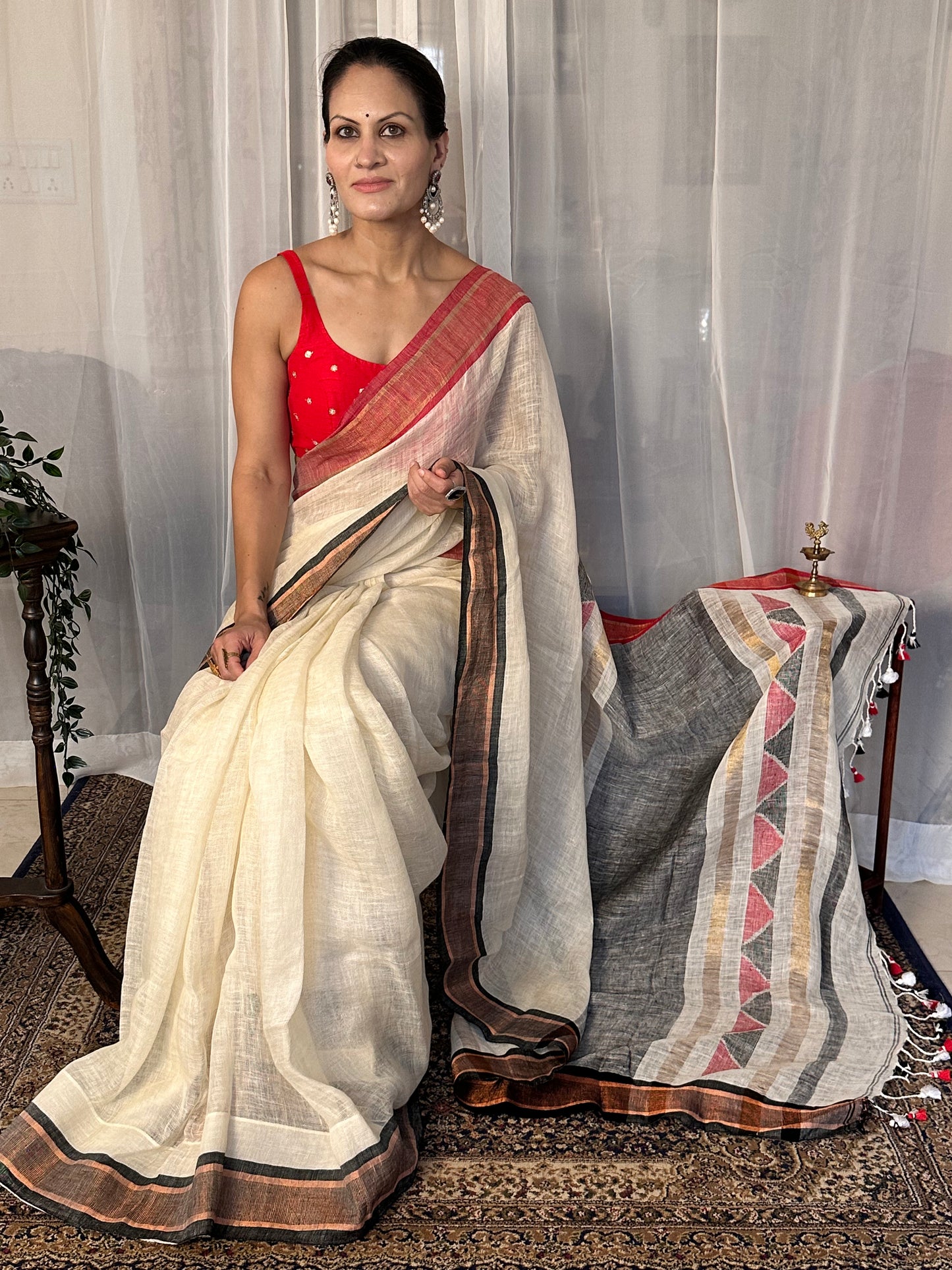 Cream Pure Linen Sari with Red & Black Border