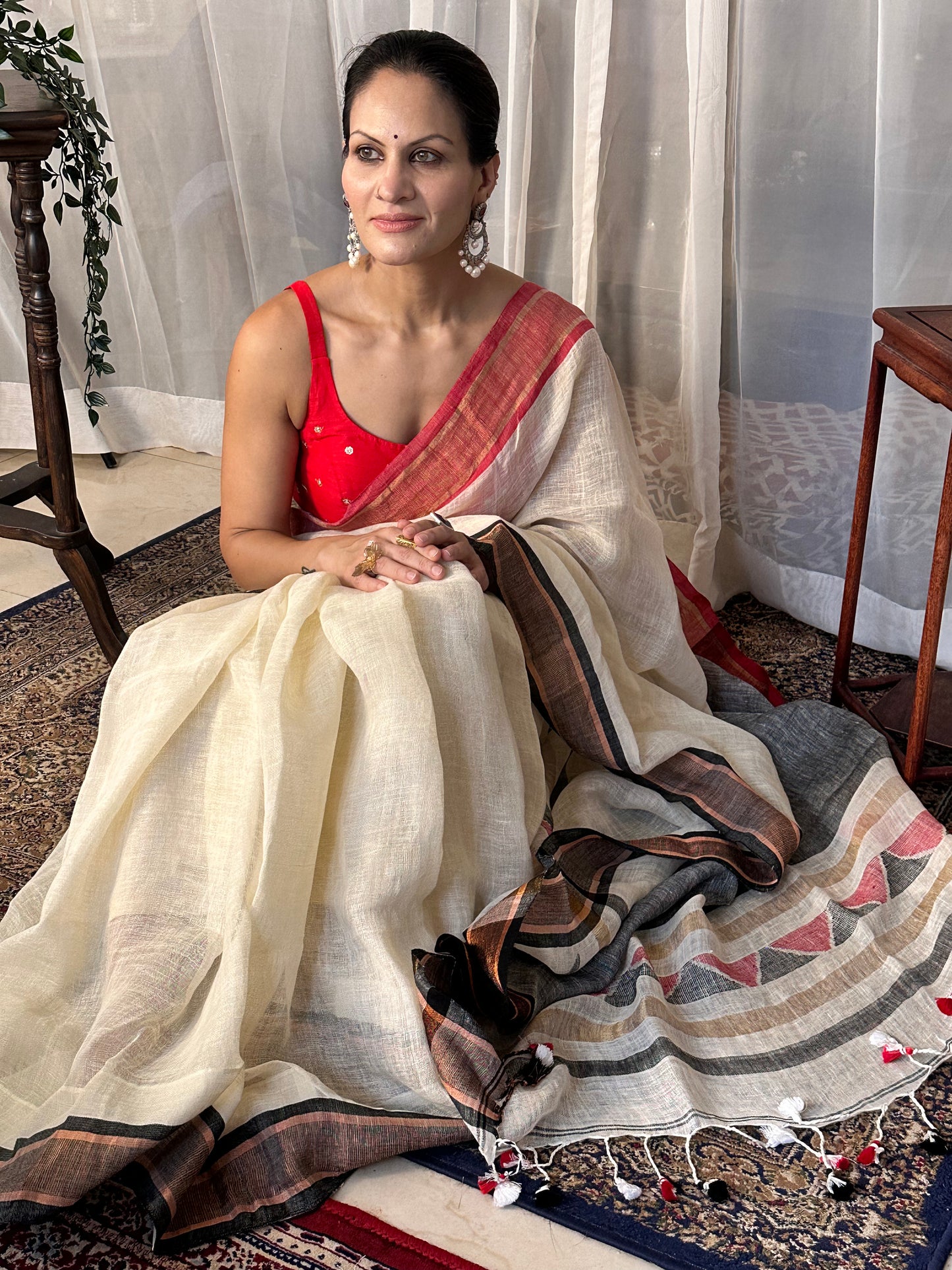 Cream Pure Linen Sari with Red & Black Border