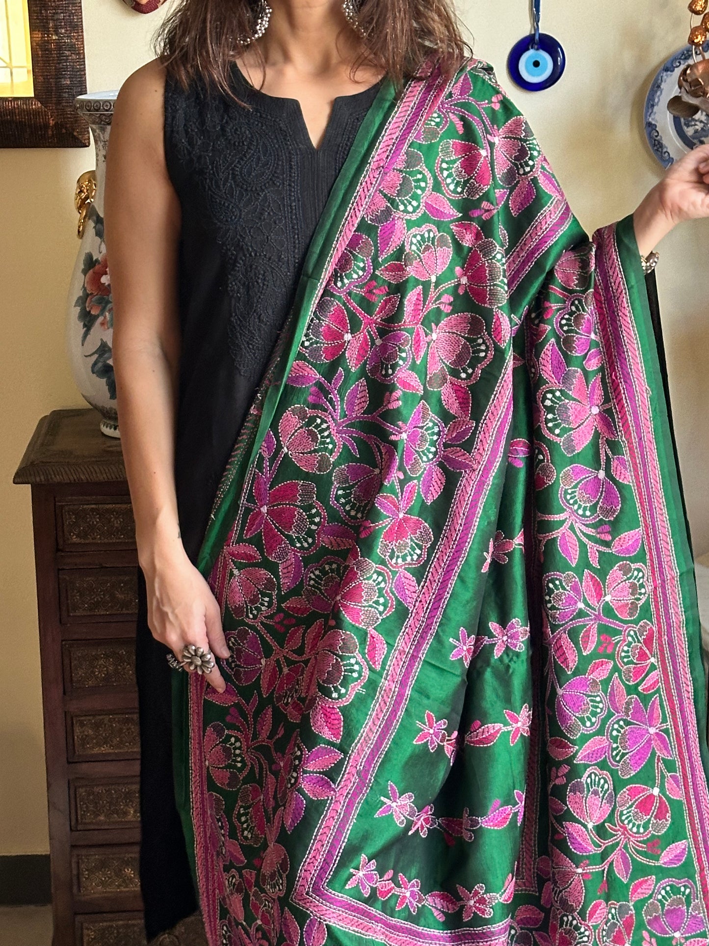 Pure Bangalore Silk Dupatta with Intricate Kaatha Handwork - Raahini