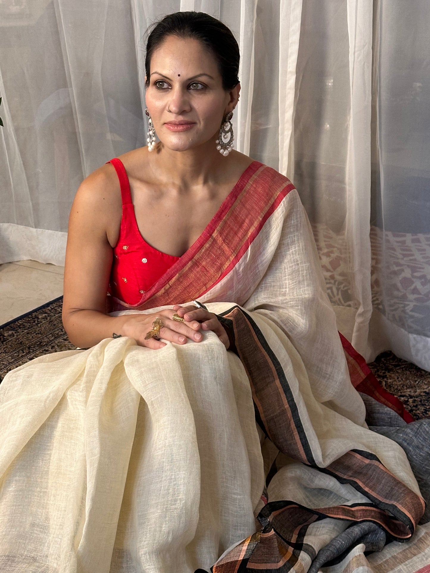 Cream Pure Linen Sari with Red & Black Border