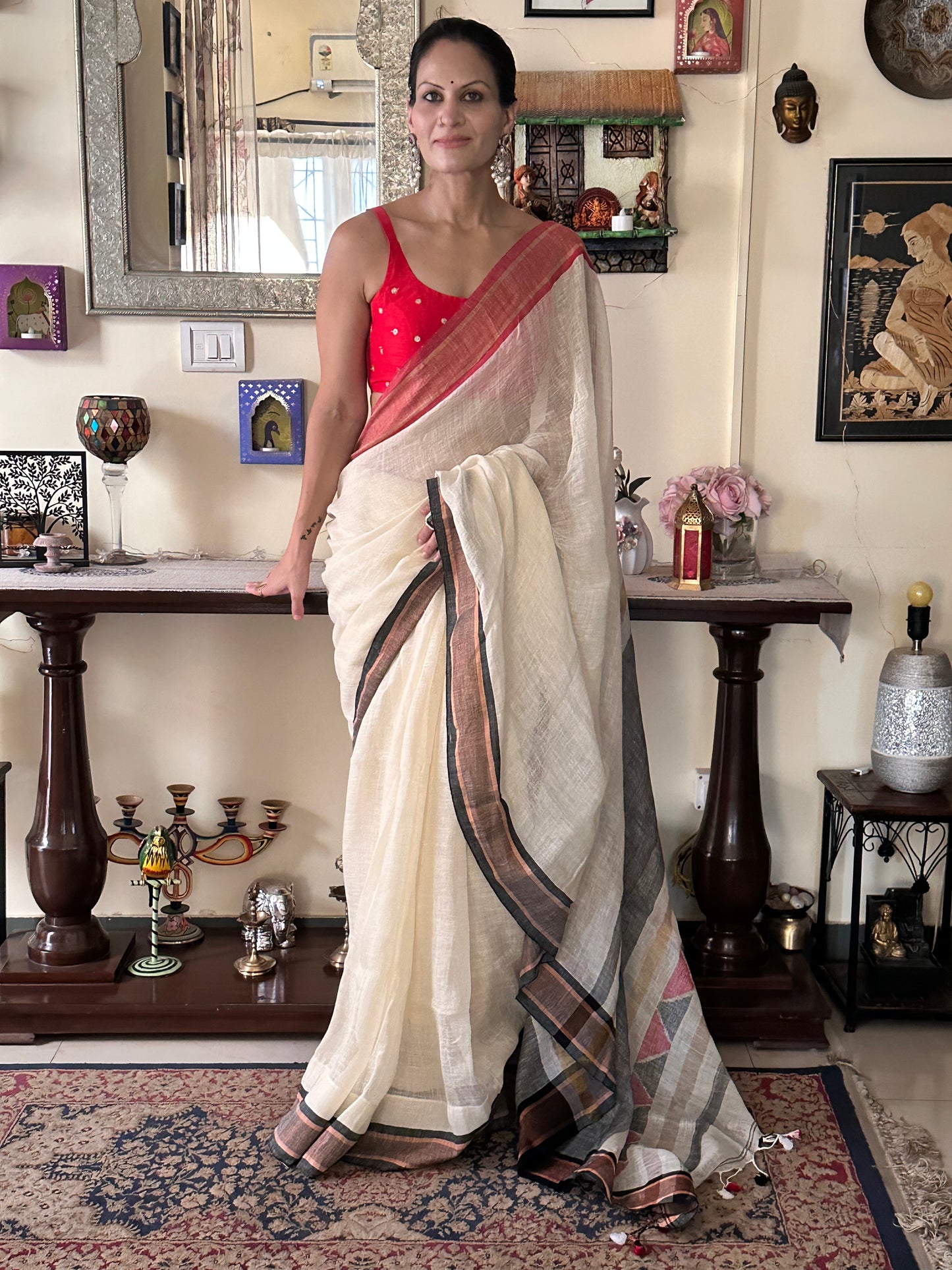 Cream Pure Linen Sari with Red & Black Border