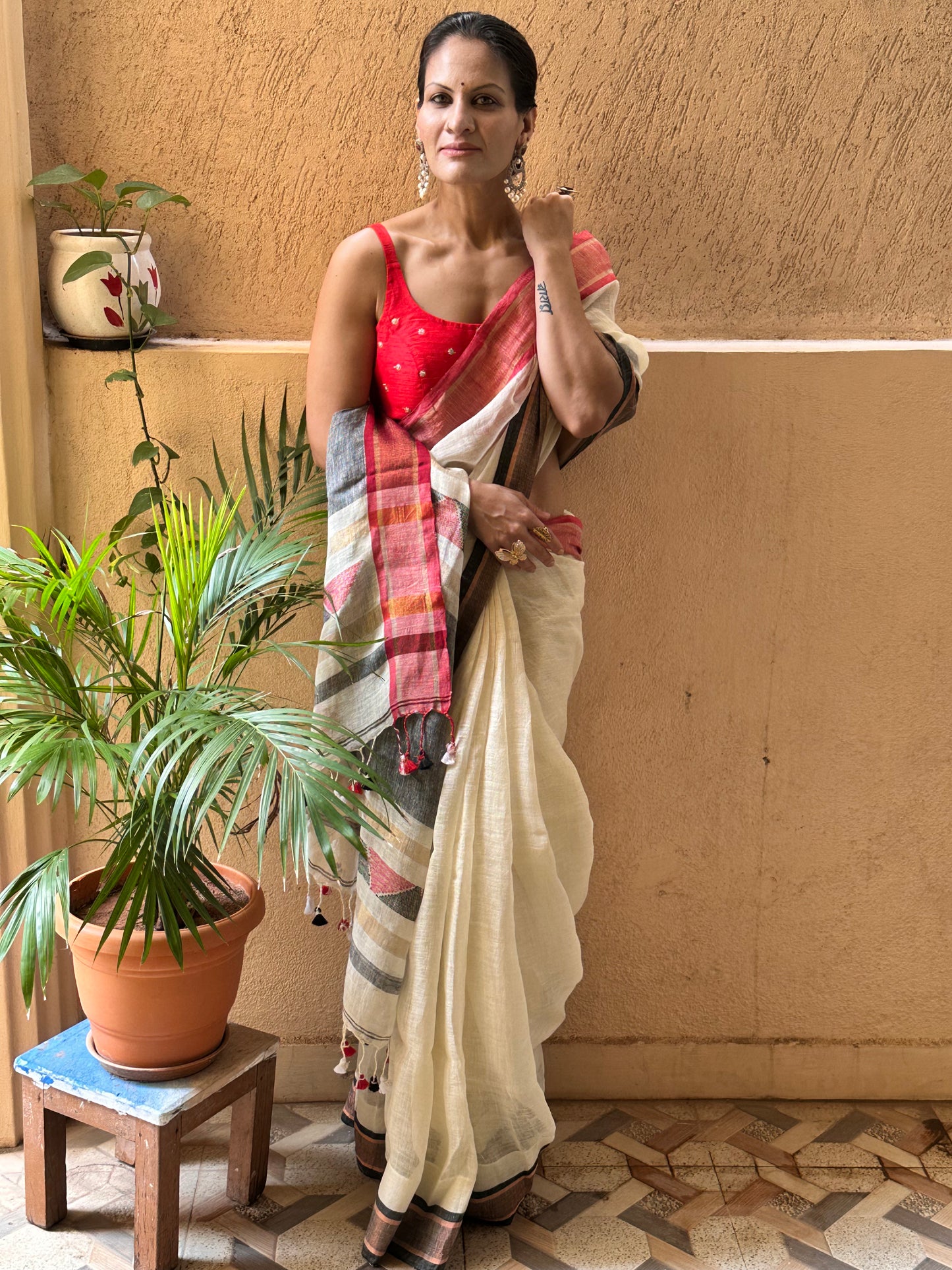 Cream Pure Linen Sari with Red & Black Border