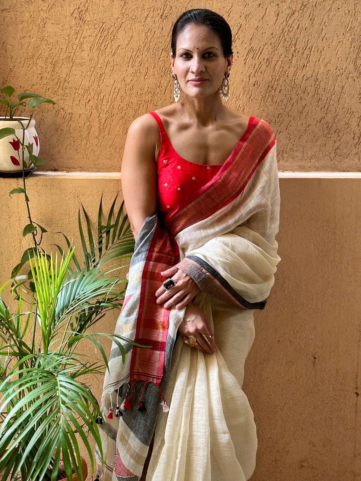 Cream Pure Linen Sari with Red & Black Border