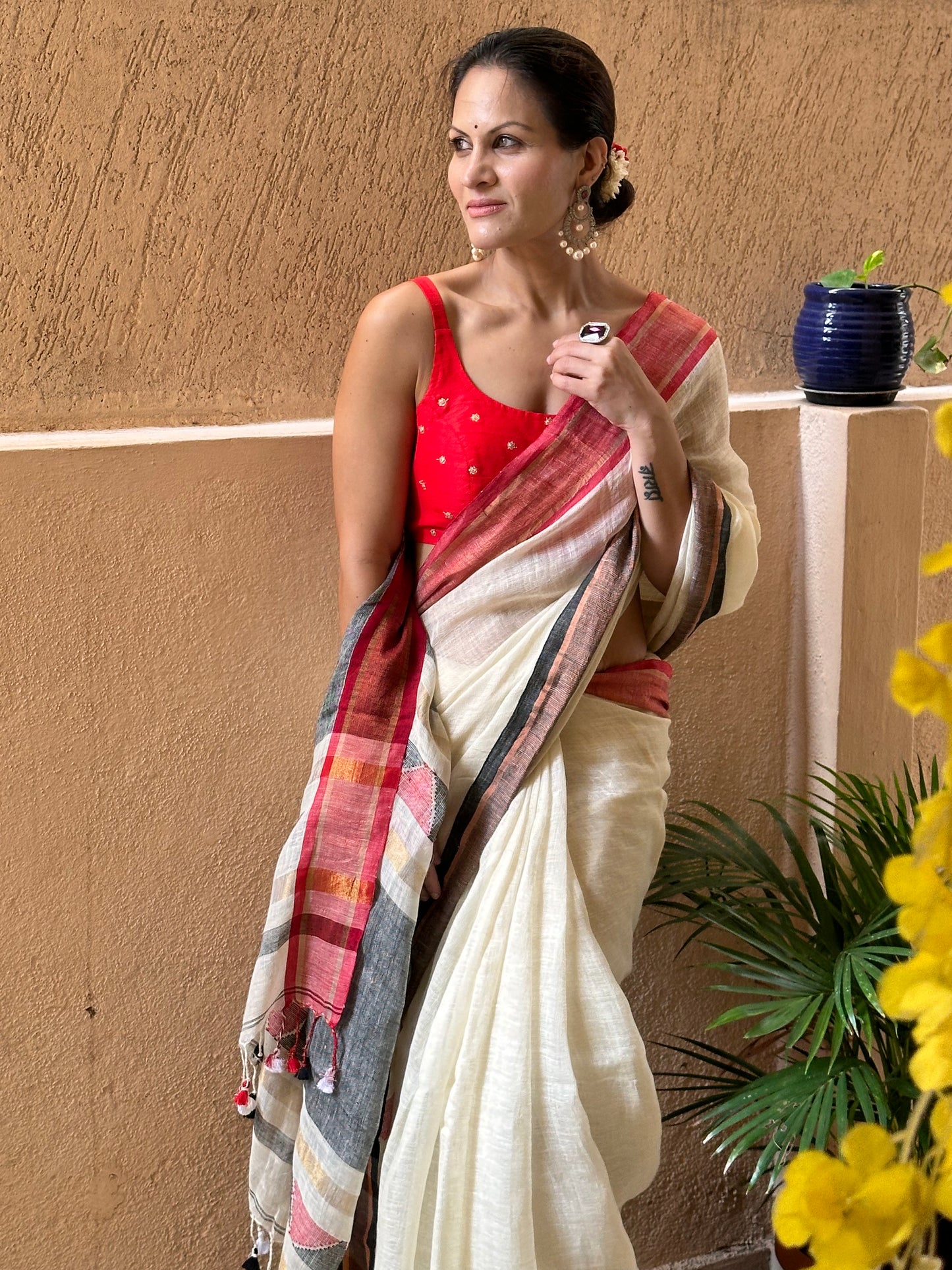 Cream Pure Linen Sari with Red & Black Border