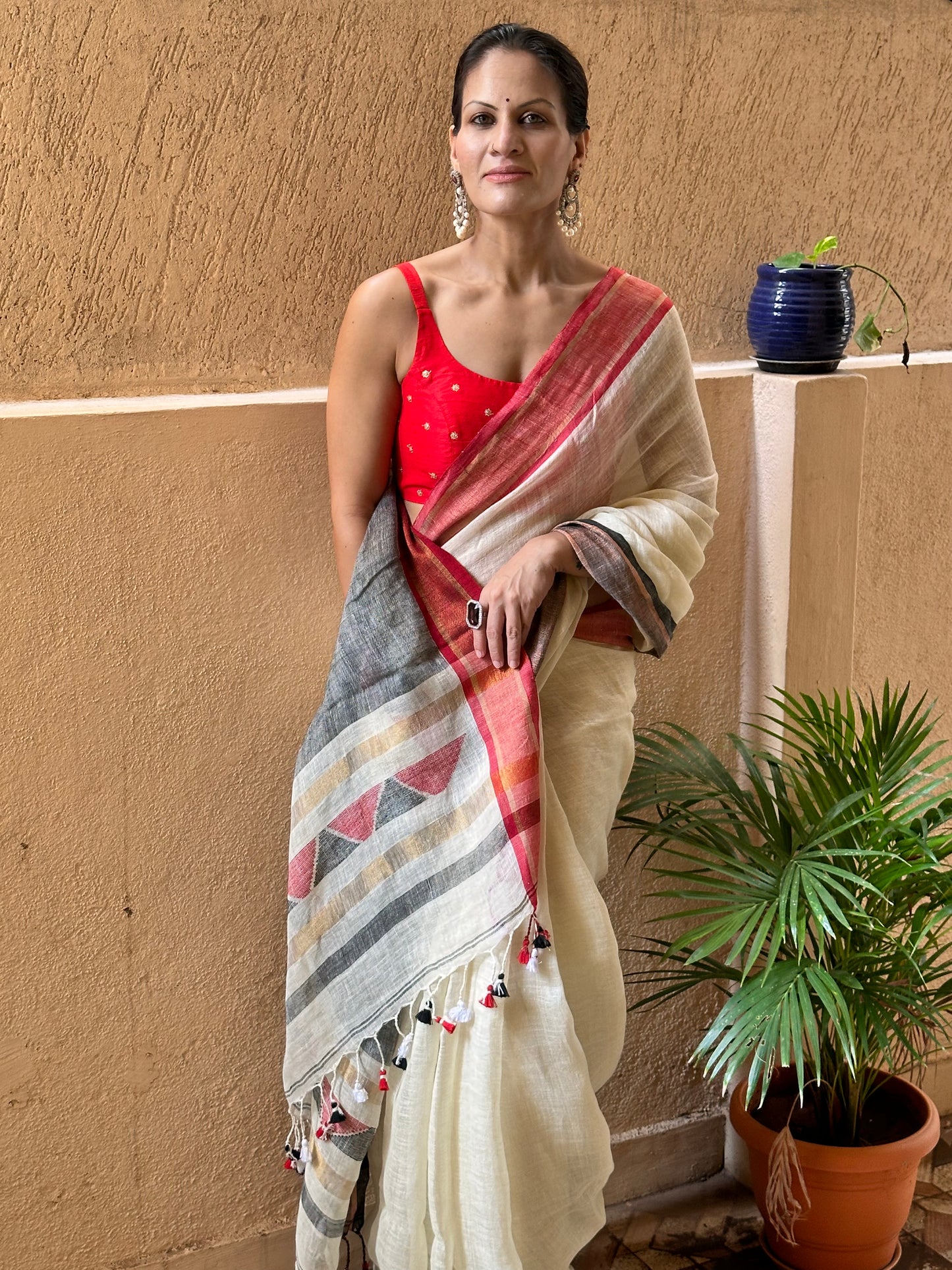 Cream Pure Linen Sari with Red & Black Border