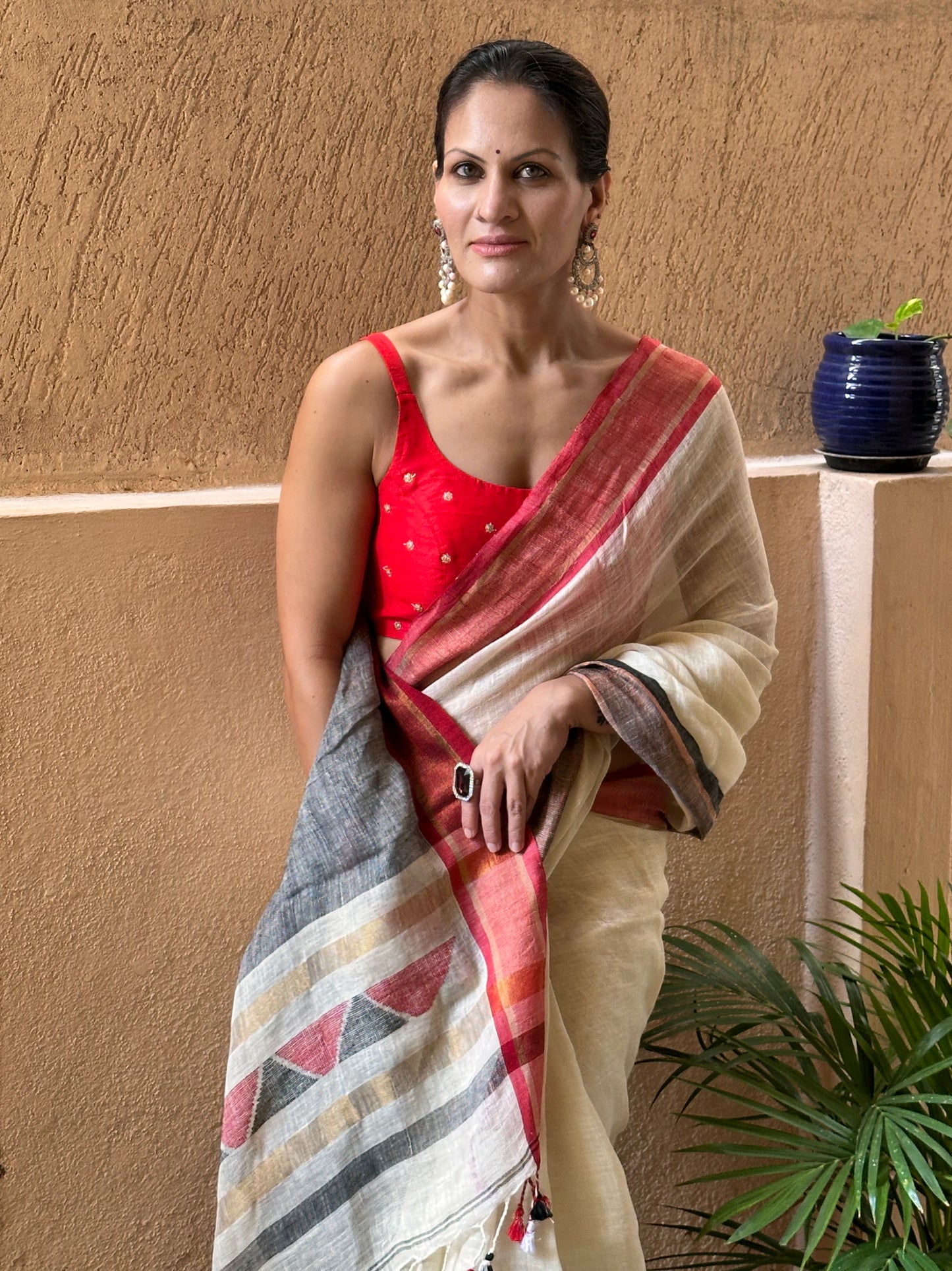 Cream Pure Linen Sari with Red & Black Border