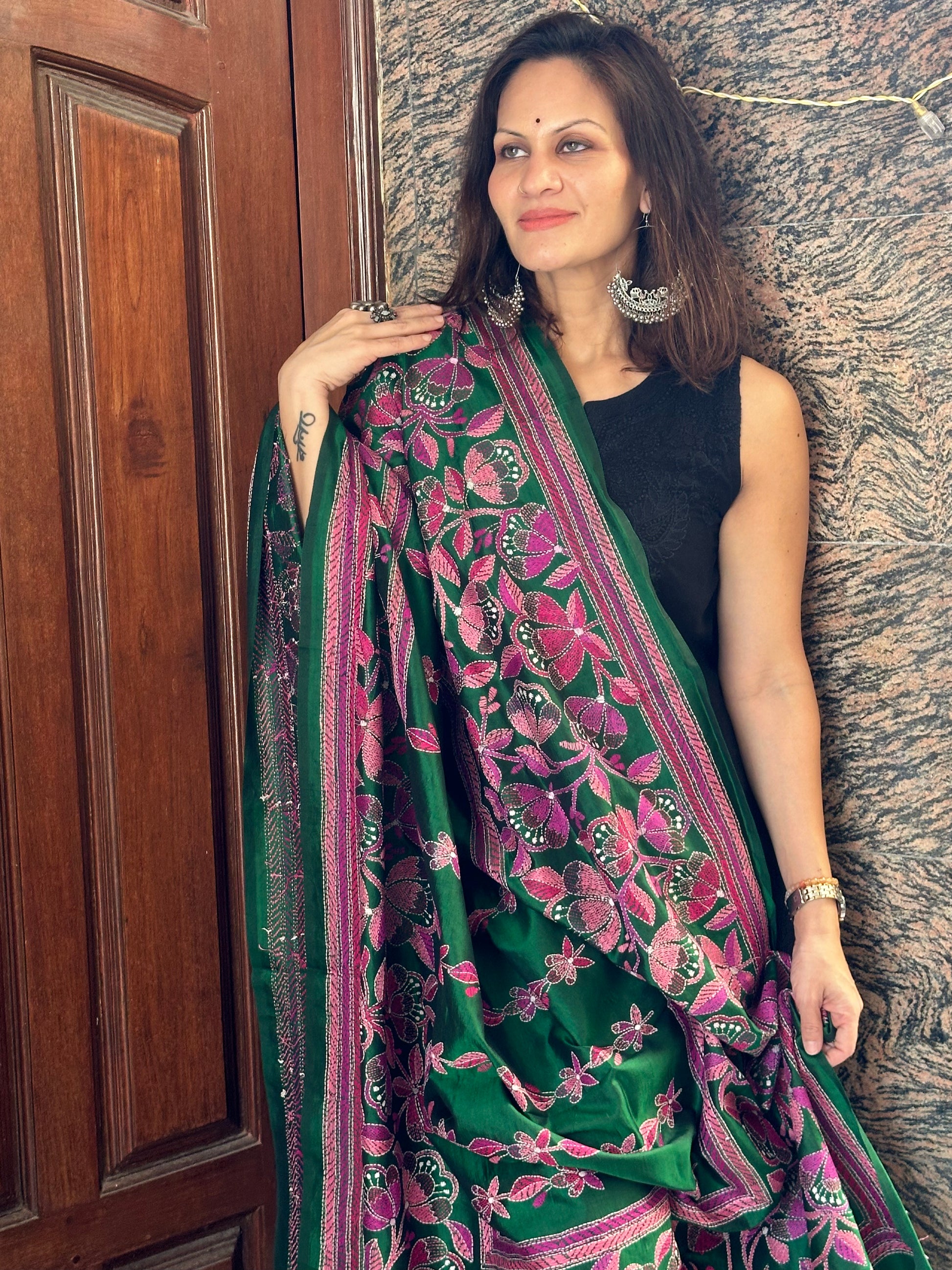 Pure Bangalore Silk Dupatta with Intricate Kaatha Handwork - Raahini