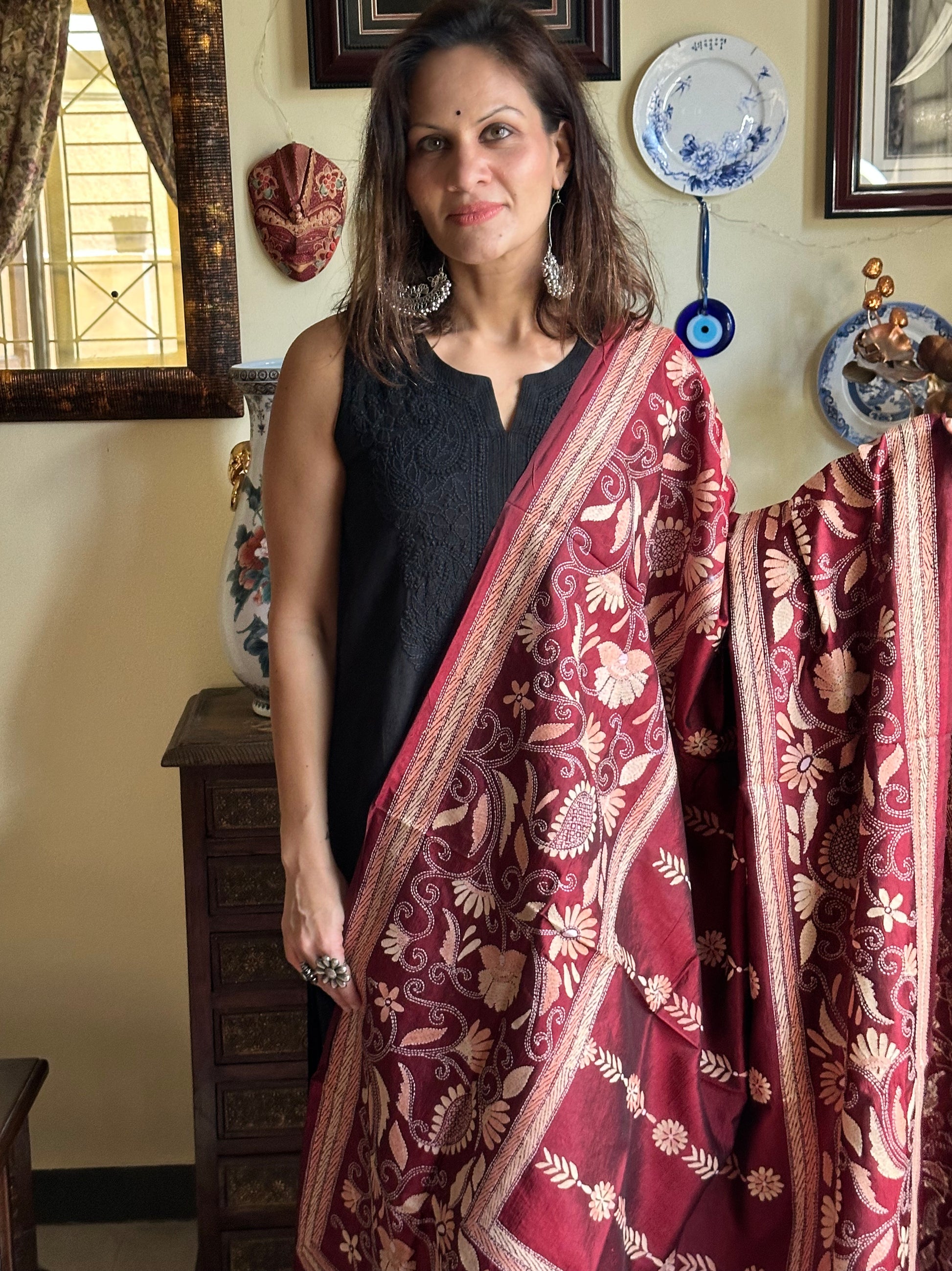 Pure Bangalore Silk Dupatta with Intricate Kaatha Handwork - Raahini