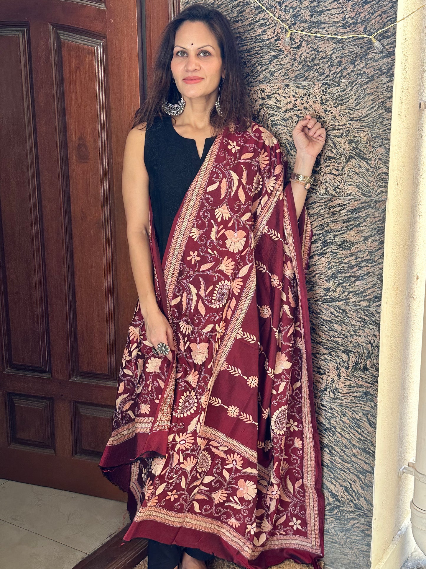 Pure Bangalore Silk Dupatta with Intricate Kaatha Handwork - Raahini