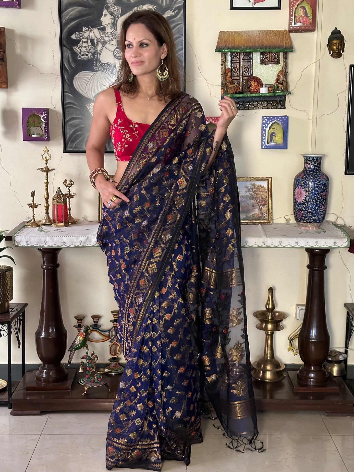 Blue Pure Muslin Silk Handloom Jamdani Saree