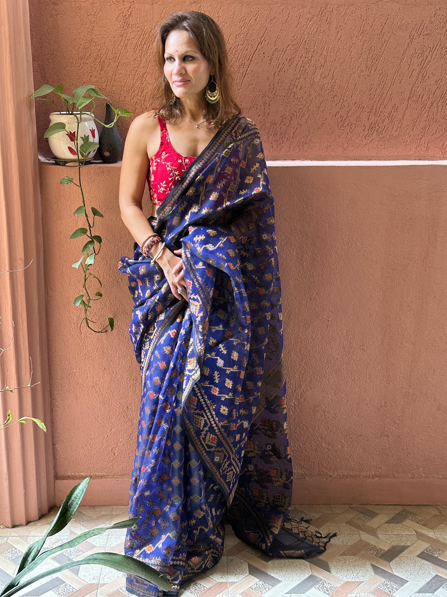 Blue Pure Muslin Silk Handloom Jamdani Saree